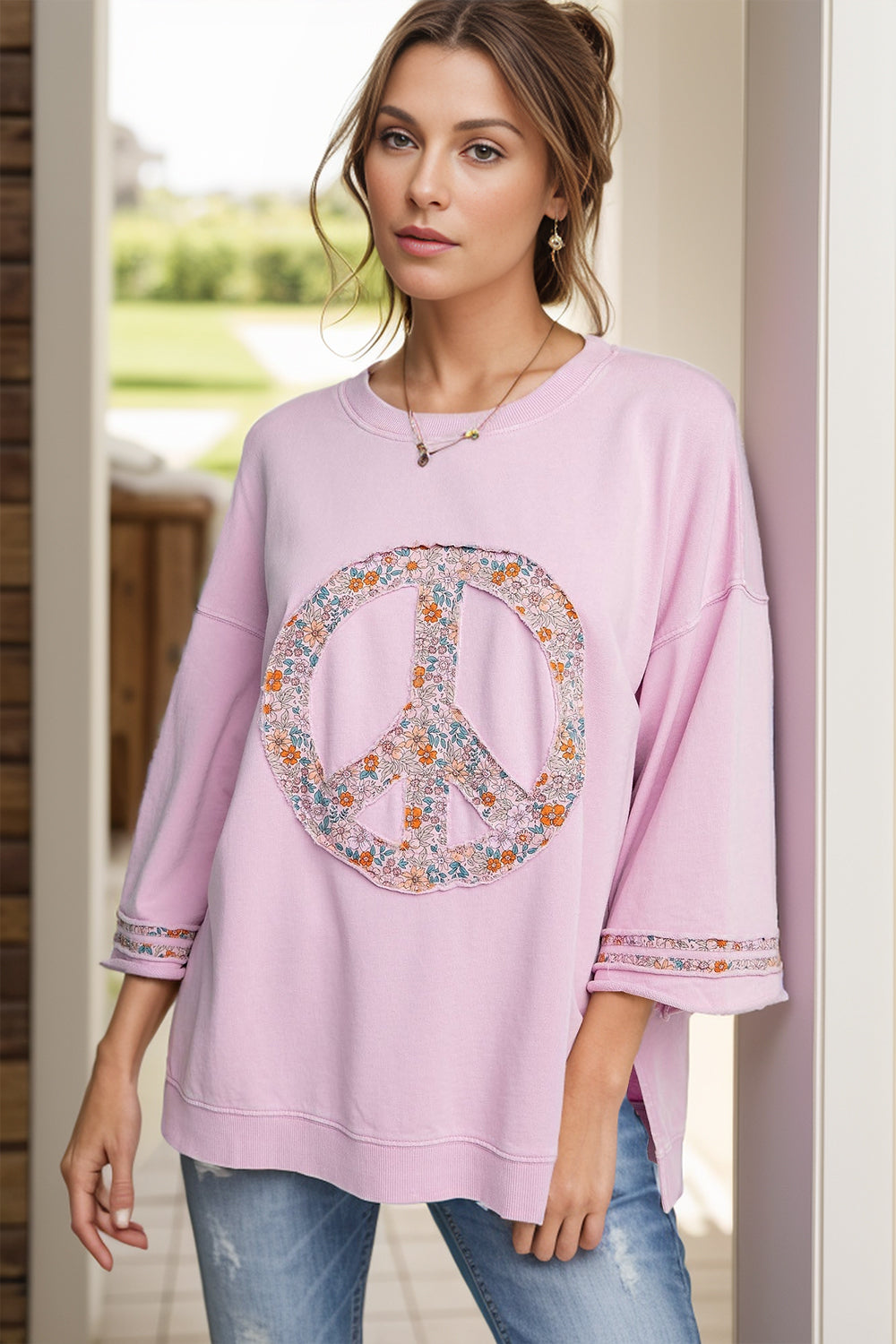 MeiMei Full Size Peace Sign Applique Round Neck T-Shirt