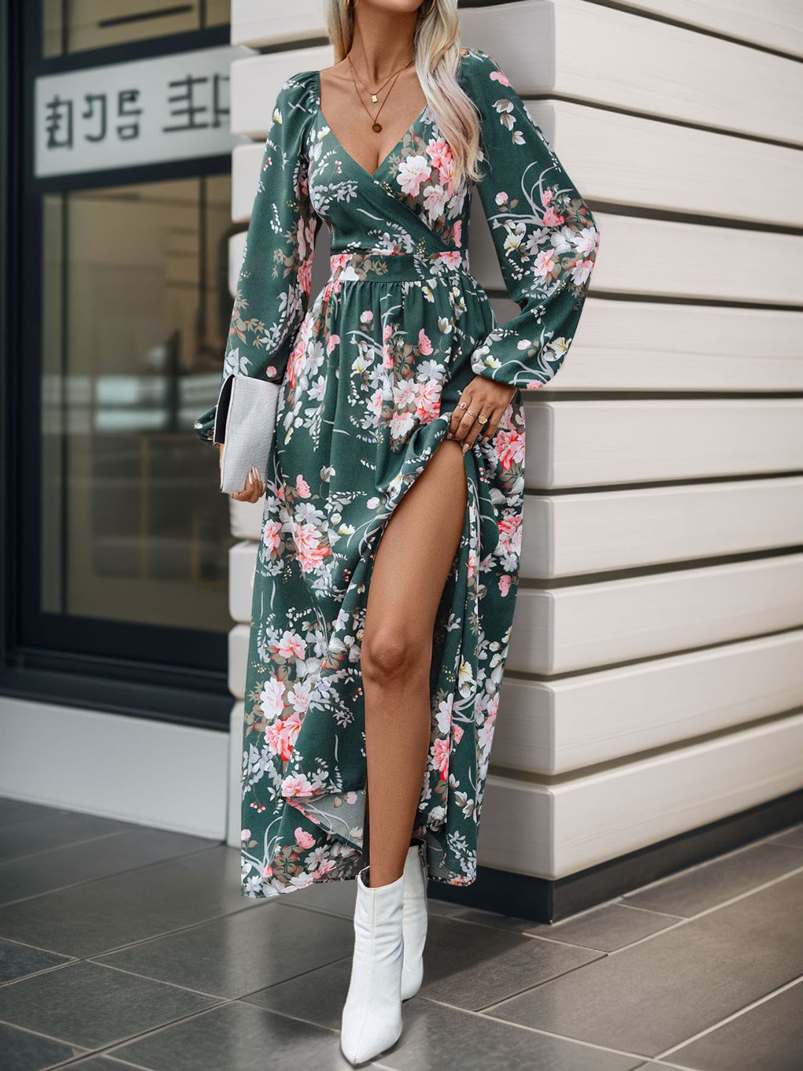 Perfee Slit Printed Surplice Long Sleeve Maxi Dress