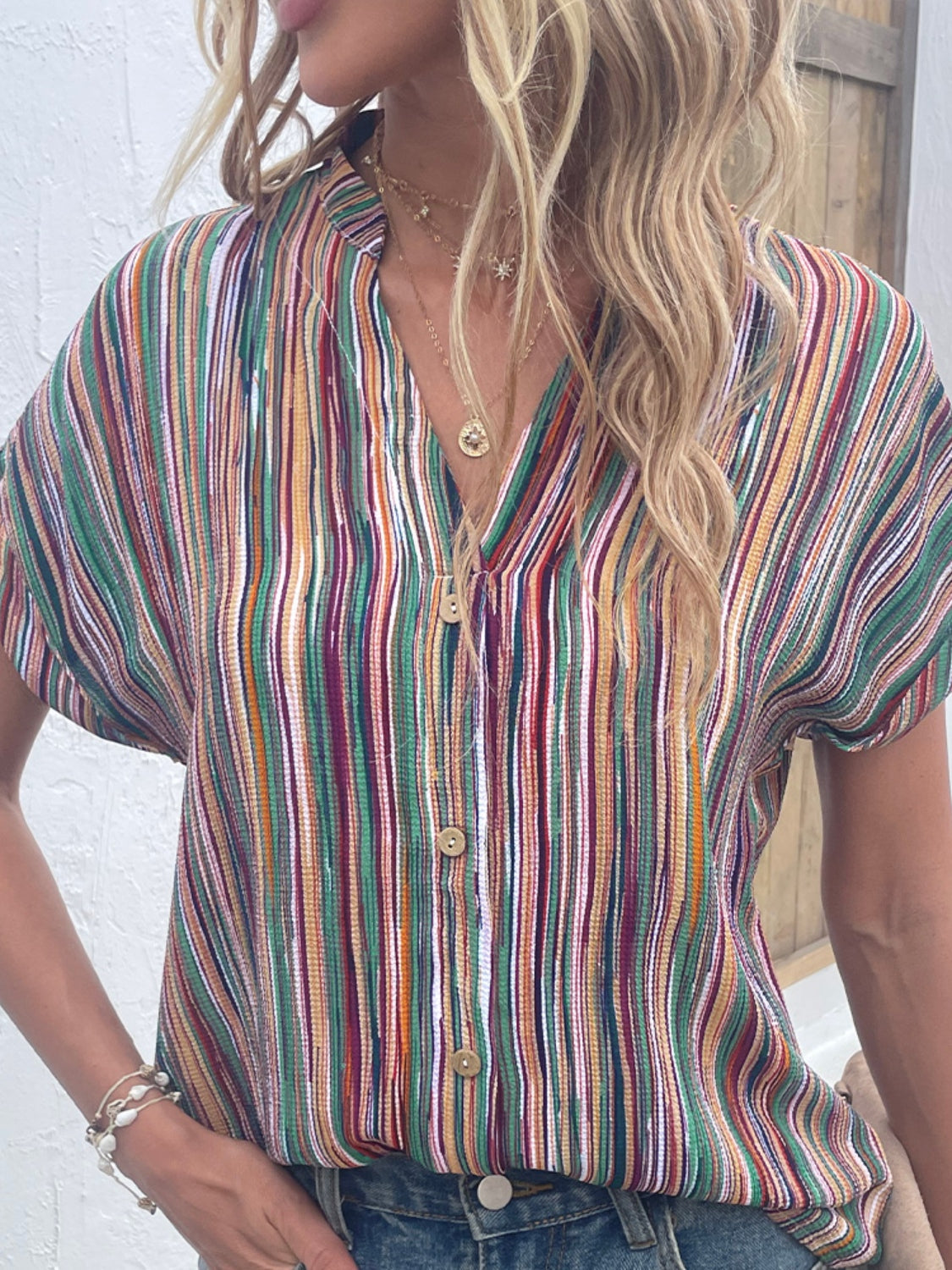 Shiny Striped Notched Short Sleeve Blouse