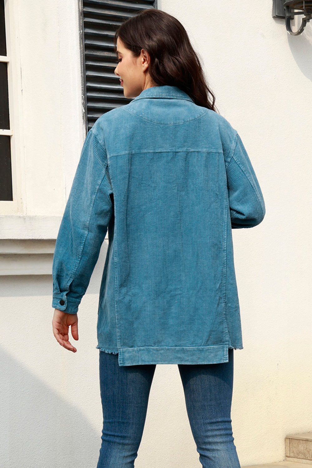 MeiMei Button Up Raw Hem Long Sleeve Shacket