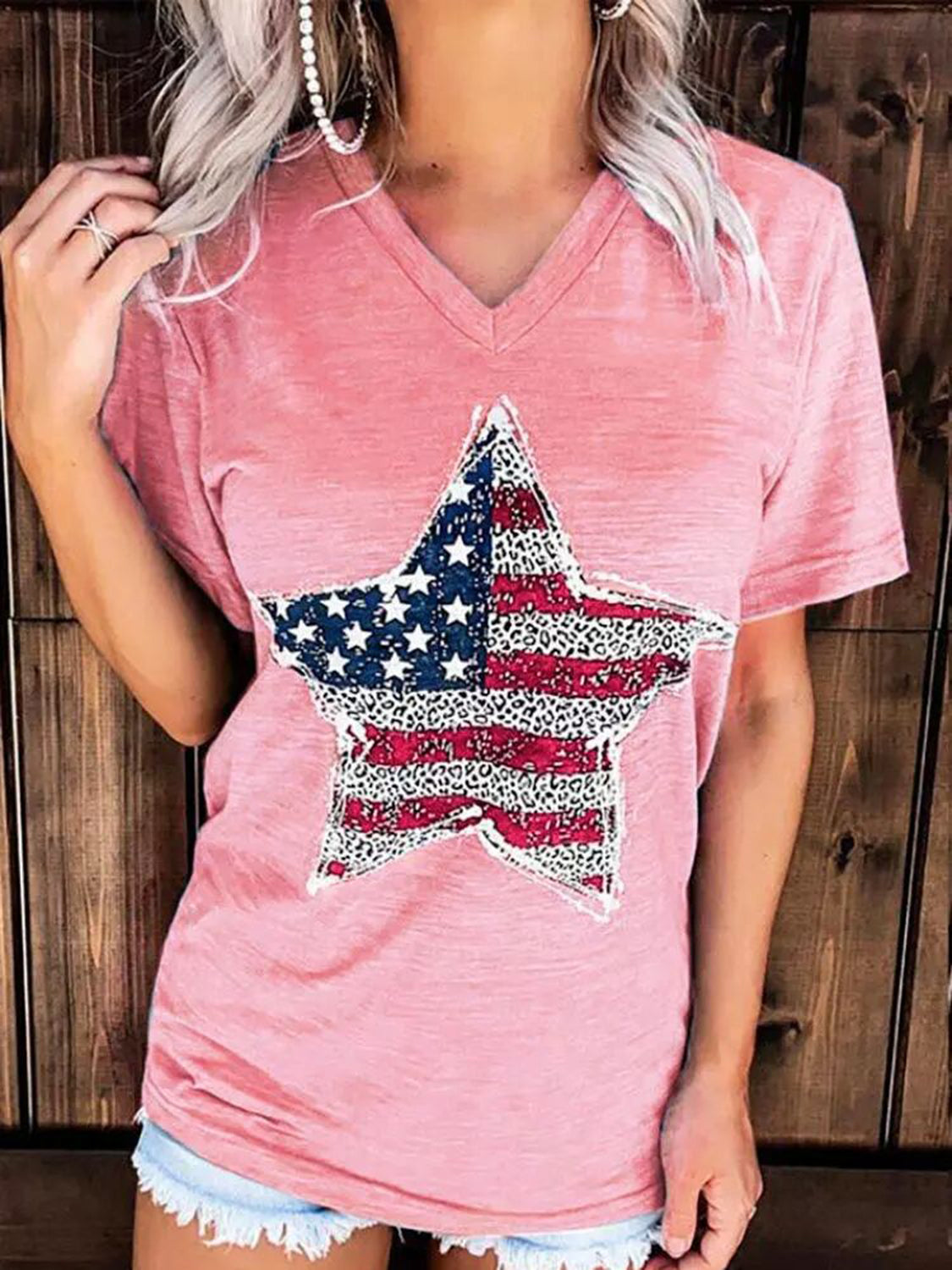 MeiMei US Flag Graphic V-Neck Short Sleeve T-Shirt