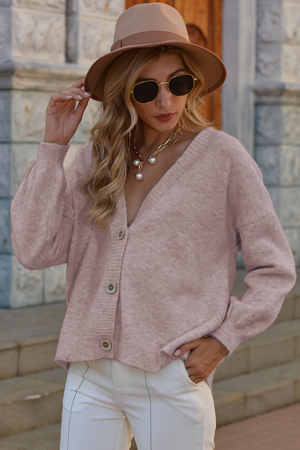 Shiny V-Neck Button-Down Dropped Shoulder Cardigan