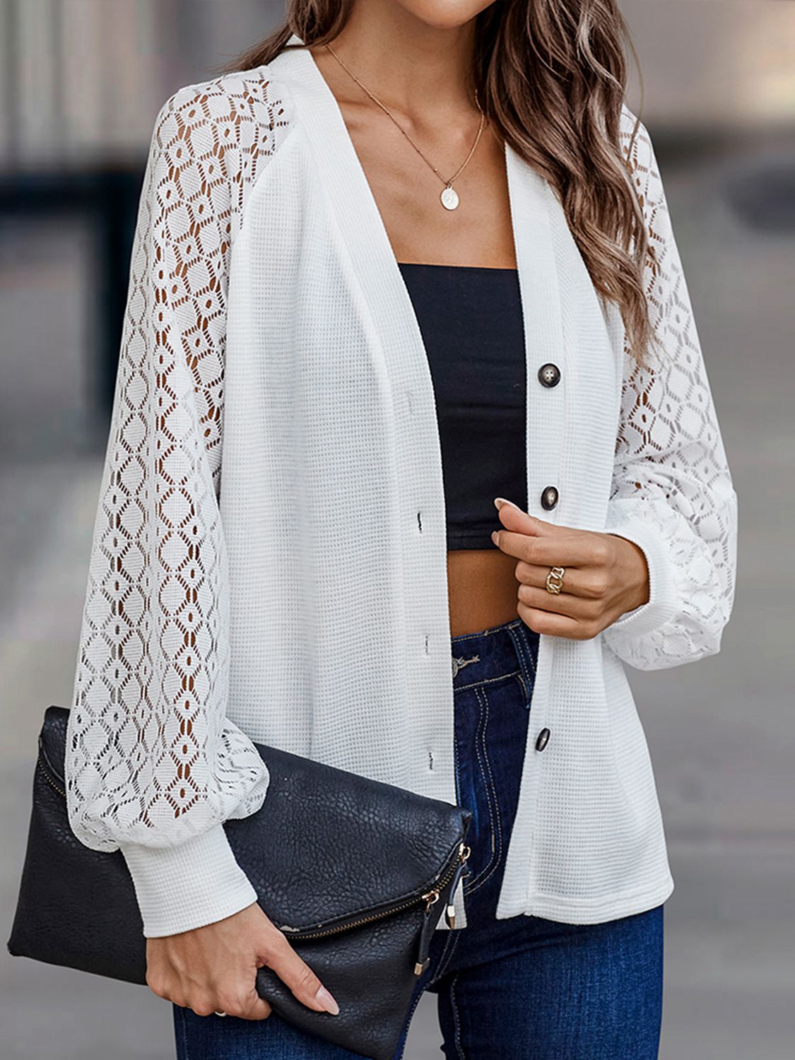 Shiny Lantern Sleeve V-Neck Button-Down Cardigan