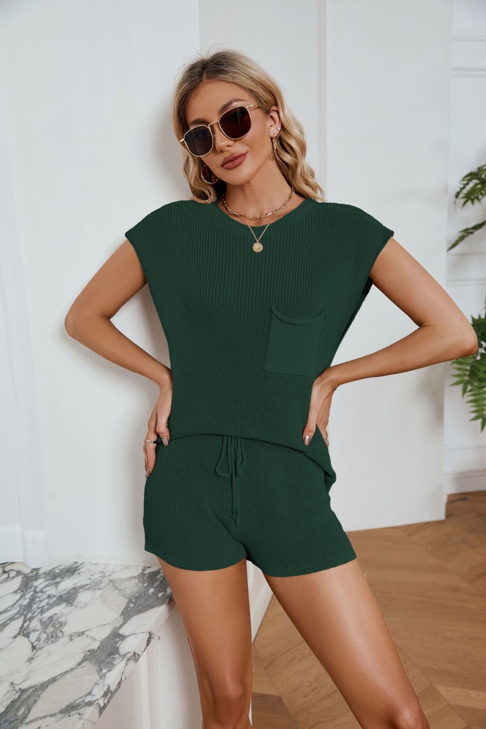 Round Neck Knit Top and Drawstring Shorts Set