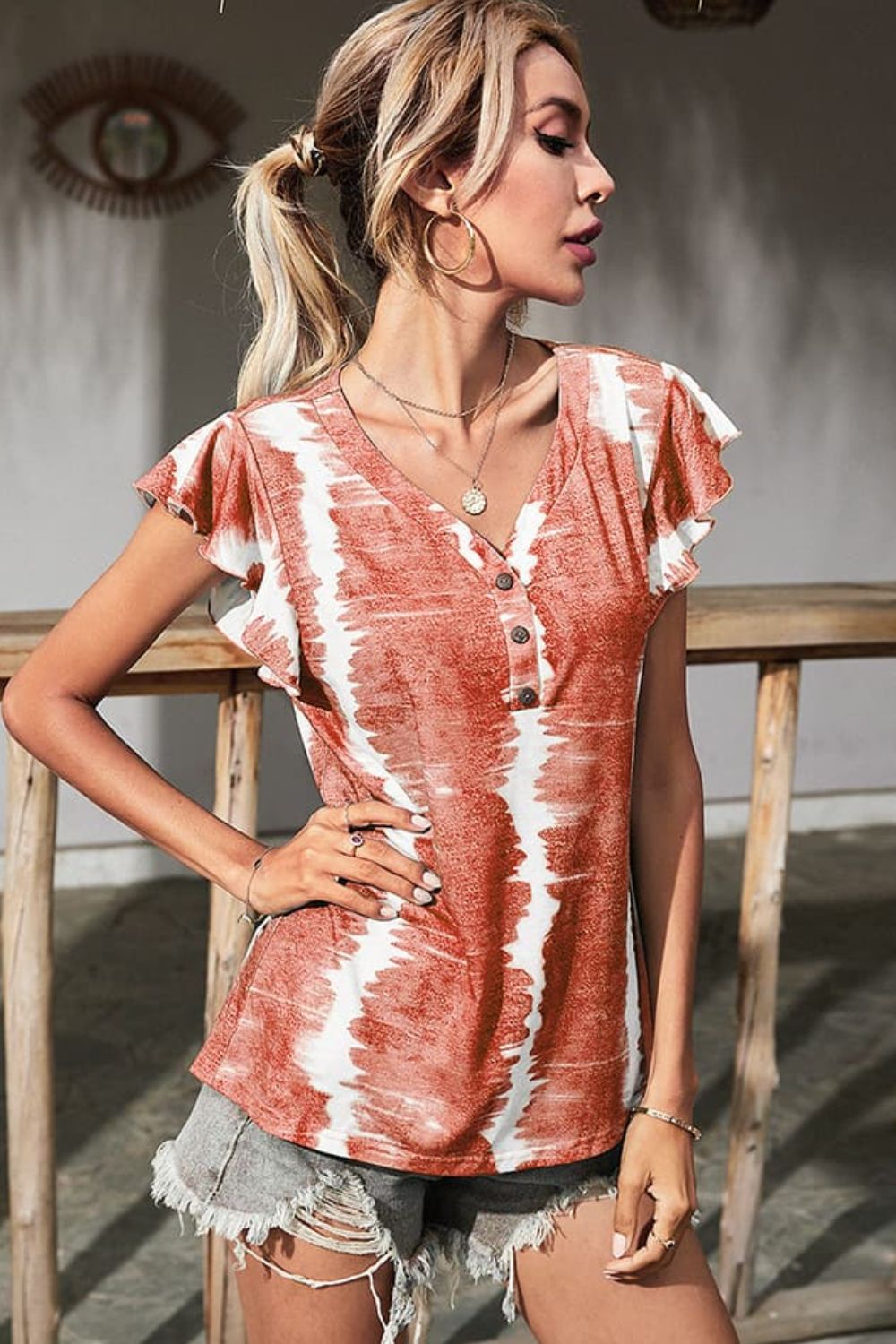 Shiny Tie-Dye Buttoned Flutter Sleeve Blouse