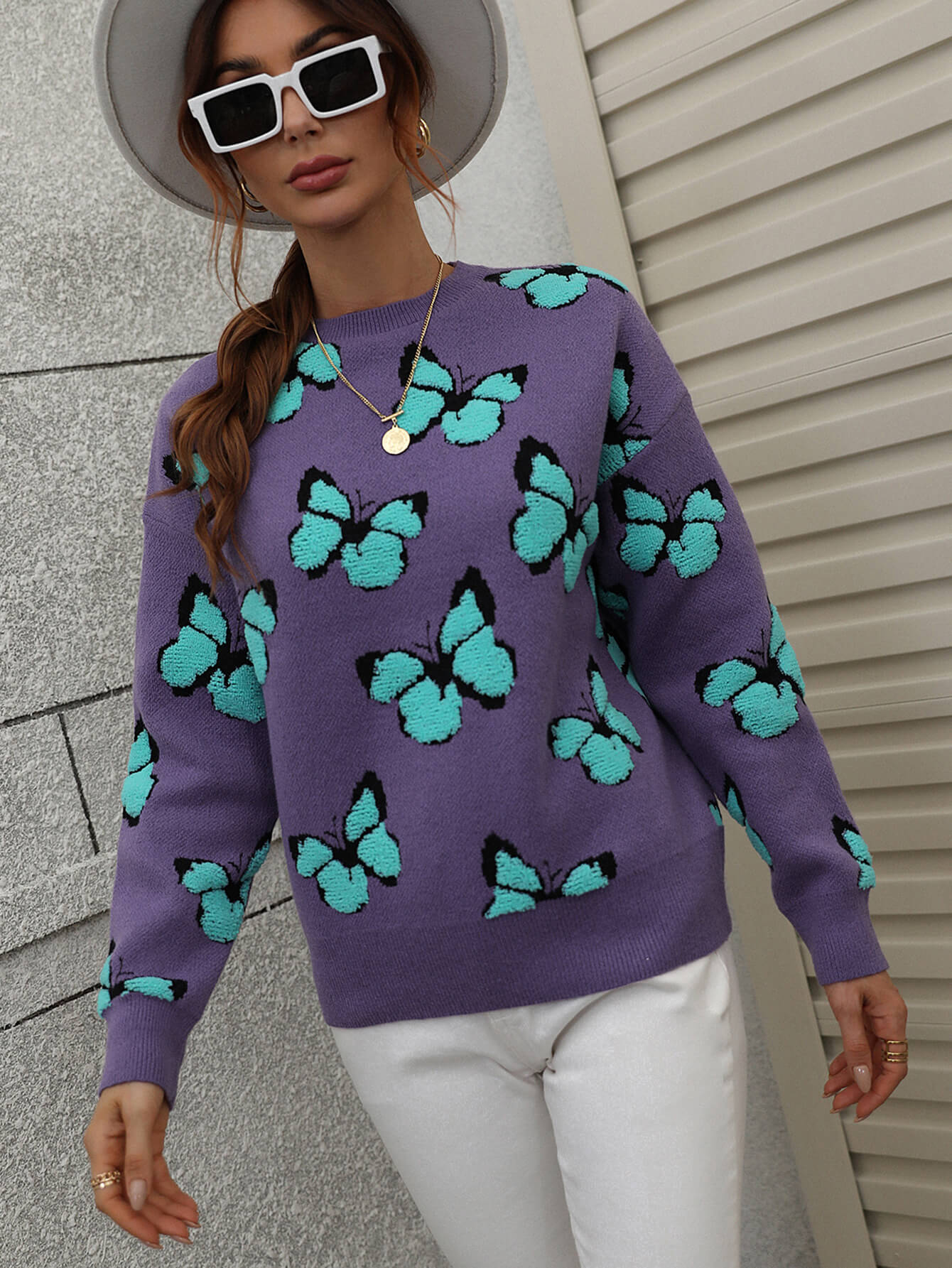 Woven Right Butterfly Dropped Shoulder Crewneck Sweater