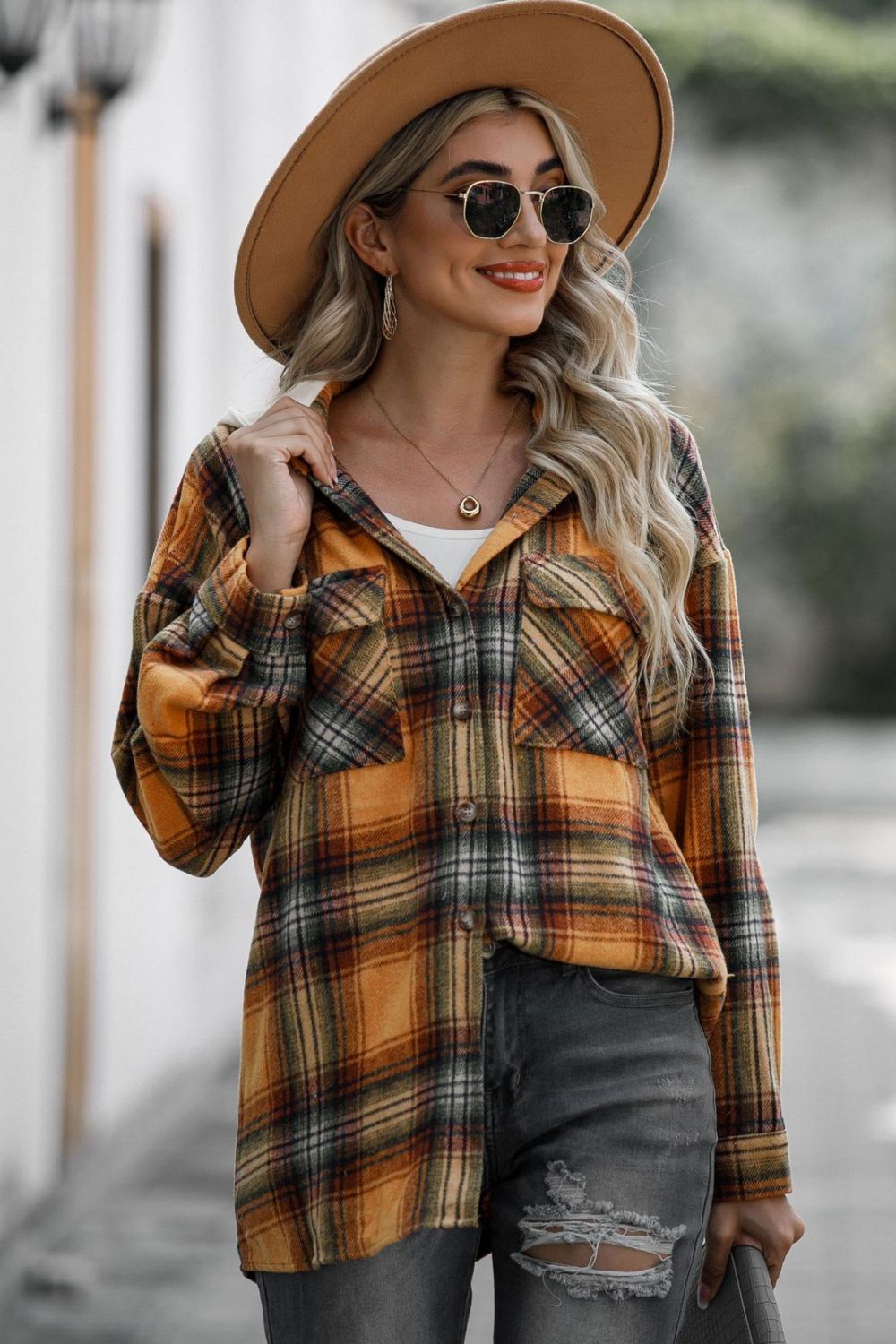 Double Take Drawstring Plaid Long Sleeve Hooded Shacket