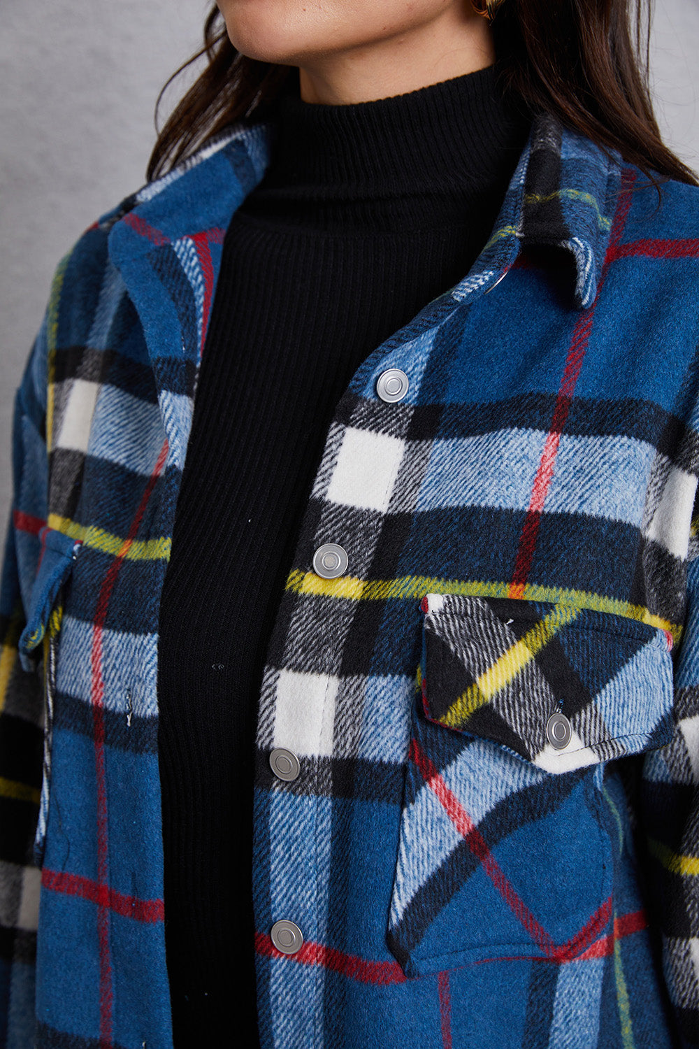 MeiMei Plaid Button Up Dropped Shoulder Jacket