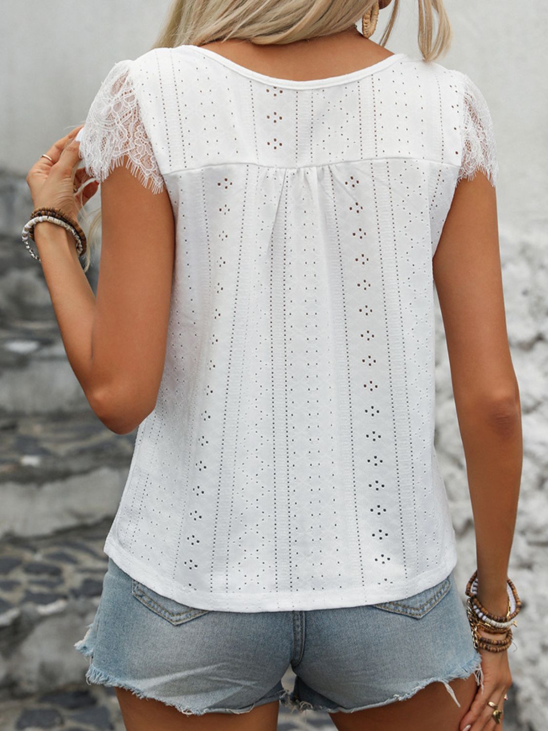 Perfee Eyelet Lace Detail V-Neck Cap Sleeve Top