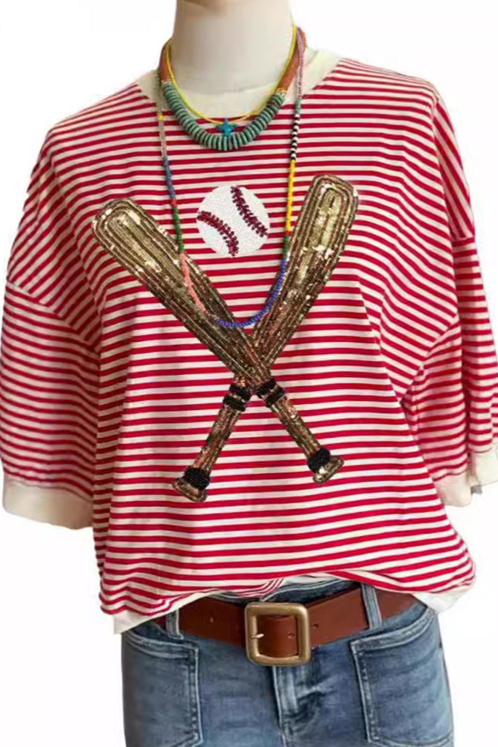 MeiMei Full Size Baseball & Stripes Round Neck Half Sleeve T-Shirt