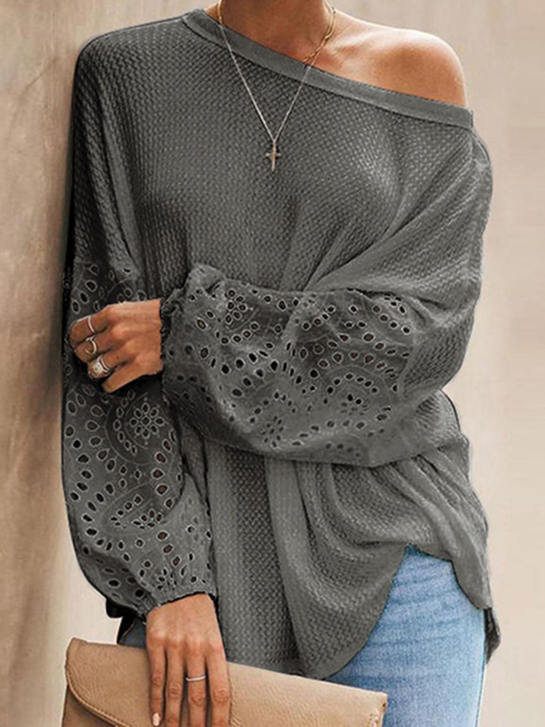 Shiny Openwork Dropped Shoulder Boat Neck Blouse