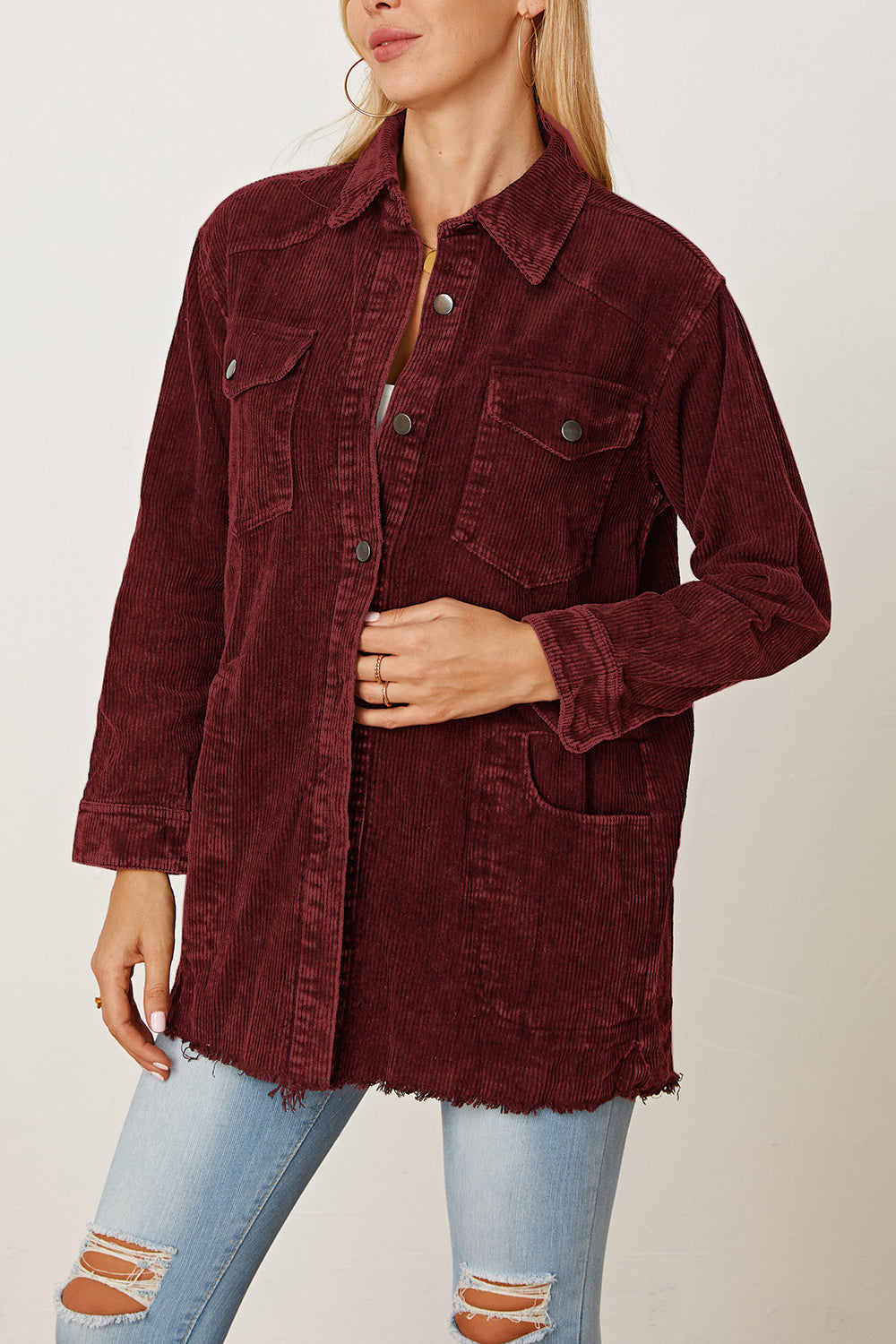 MeiMei Raw Hem Pocketed Button Up Jacket