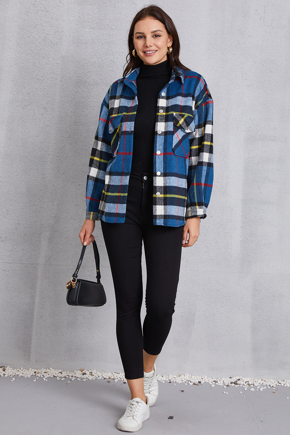 MeiMei Plaid Button Up Dropped Shoulder Jacket