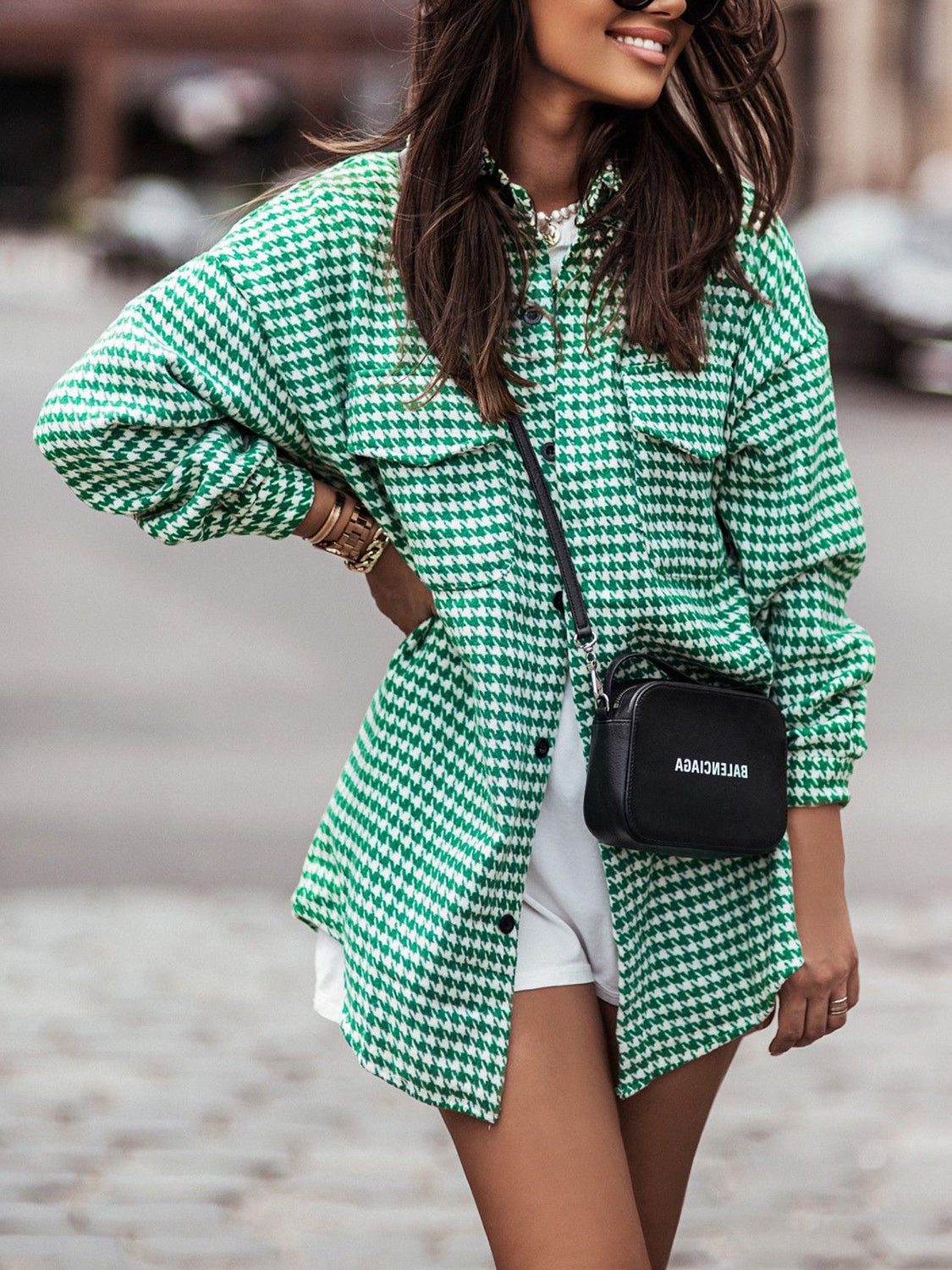 MeiMei Houndstooth Button Up Dropped Shoulder Jacket