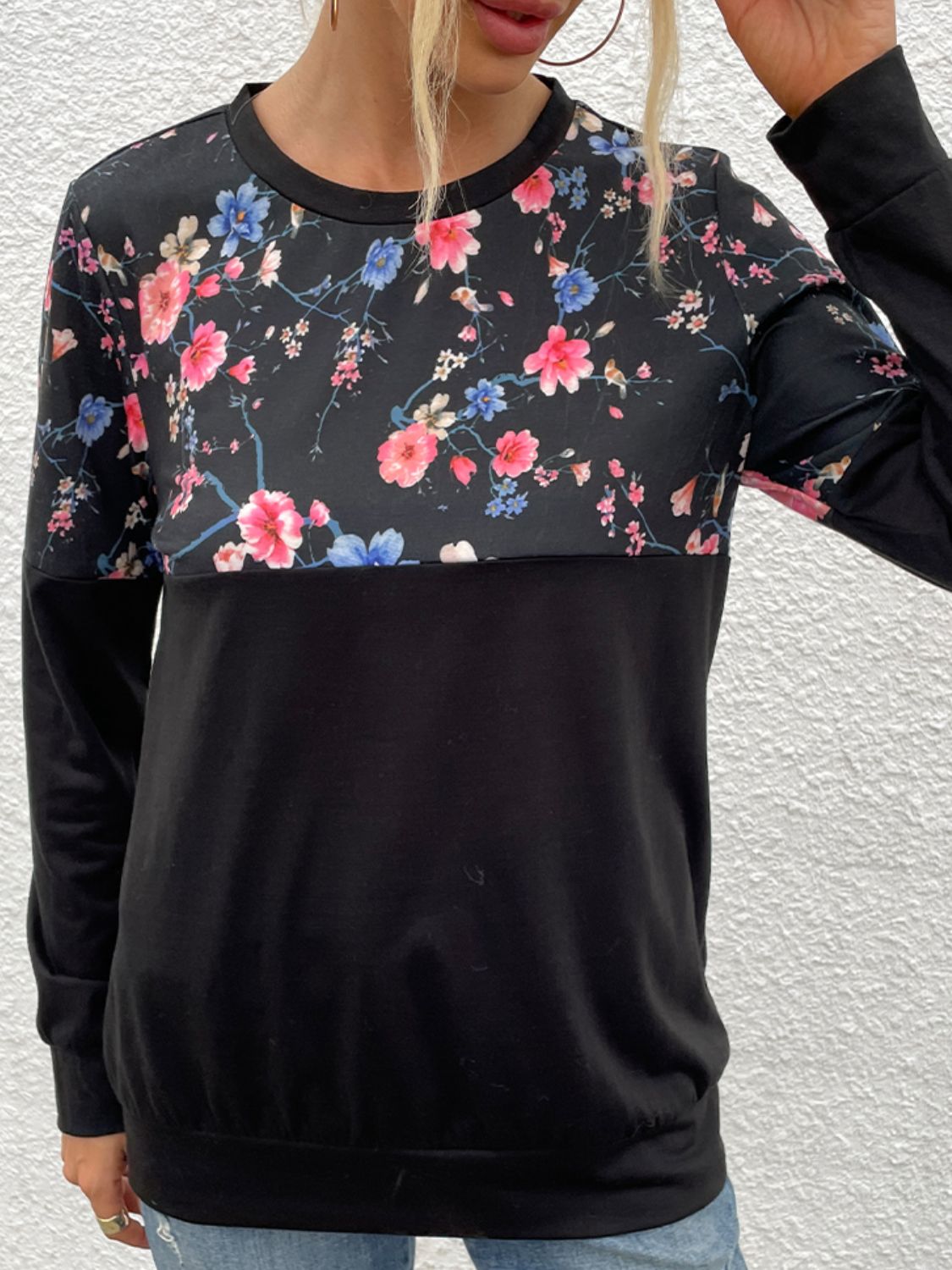 Shiny Floral Print Round Neck Dropped Shoulder Tee