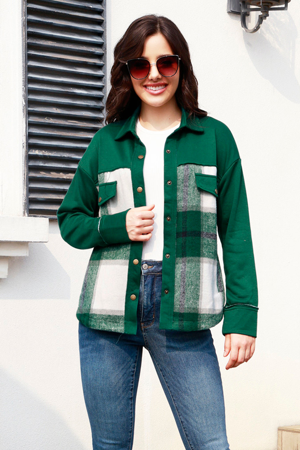 MeiMei Snap Down Plaid Long Sleeve Shacket