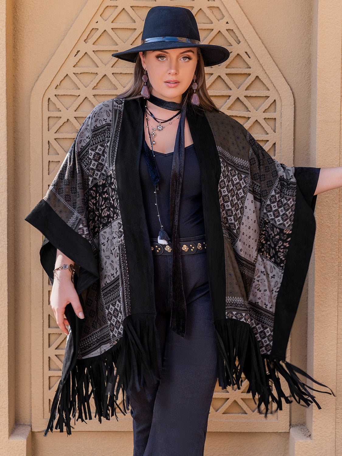 Plus Size Printed Fringe Open Front Outerwear