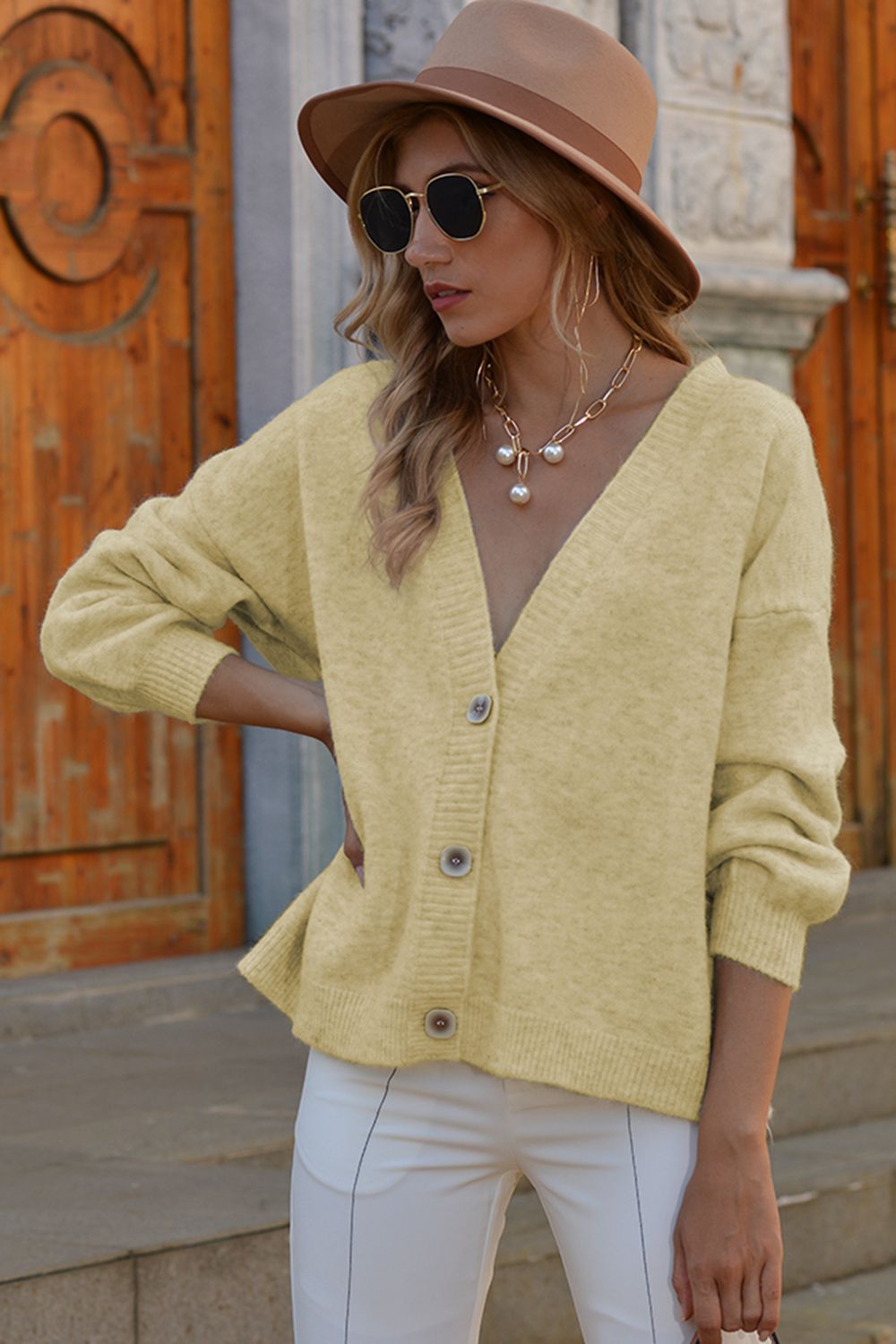 Shiny V-Neck Button-Down Dropped Shoulder Cardigan