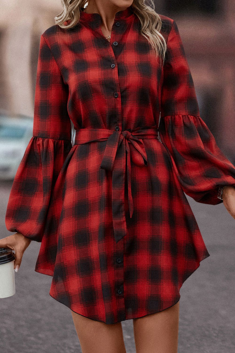 Honey Plaid Tie Waist Balloon Sleeve Mini Dress