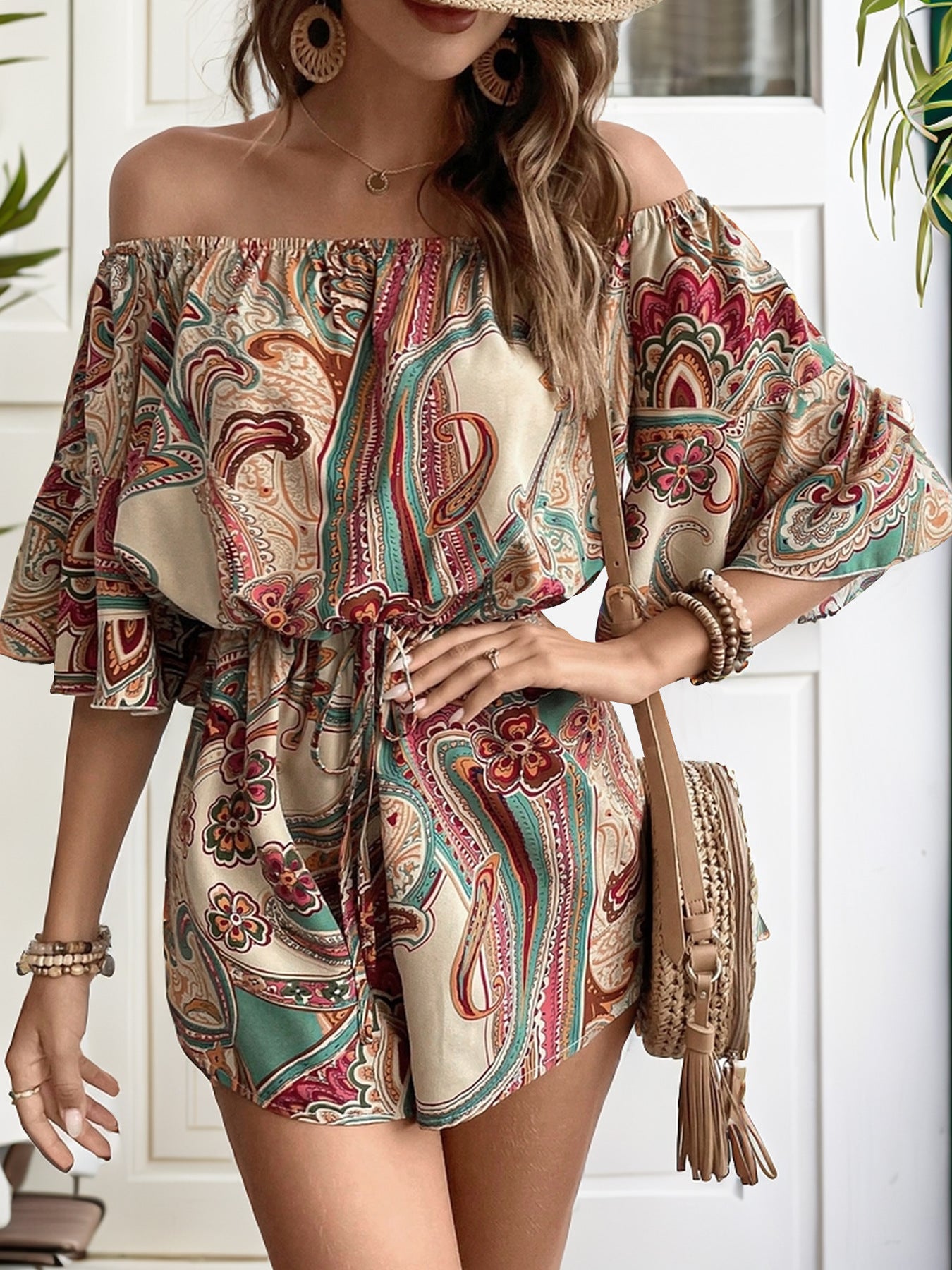 Perfee Printed Off Shoulder Half Sleeve Romper