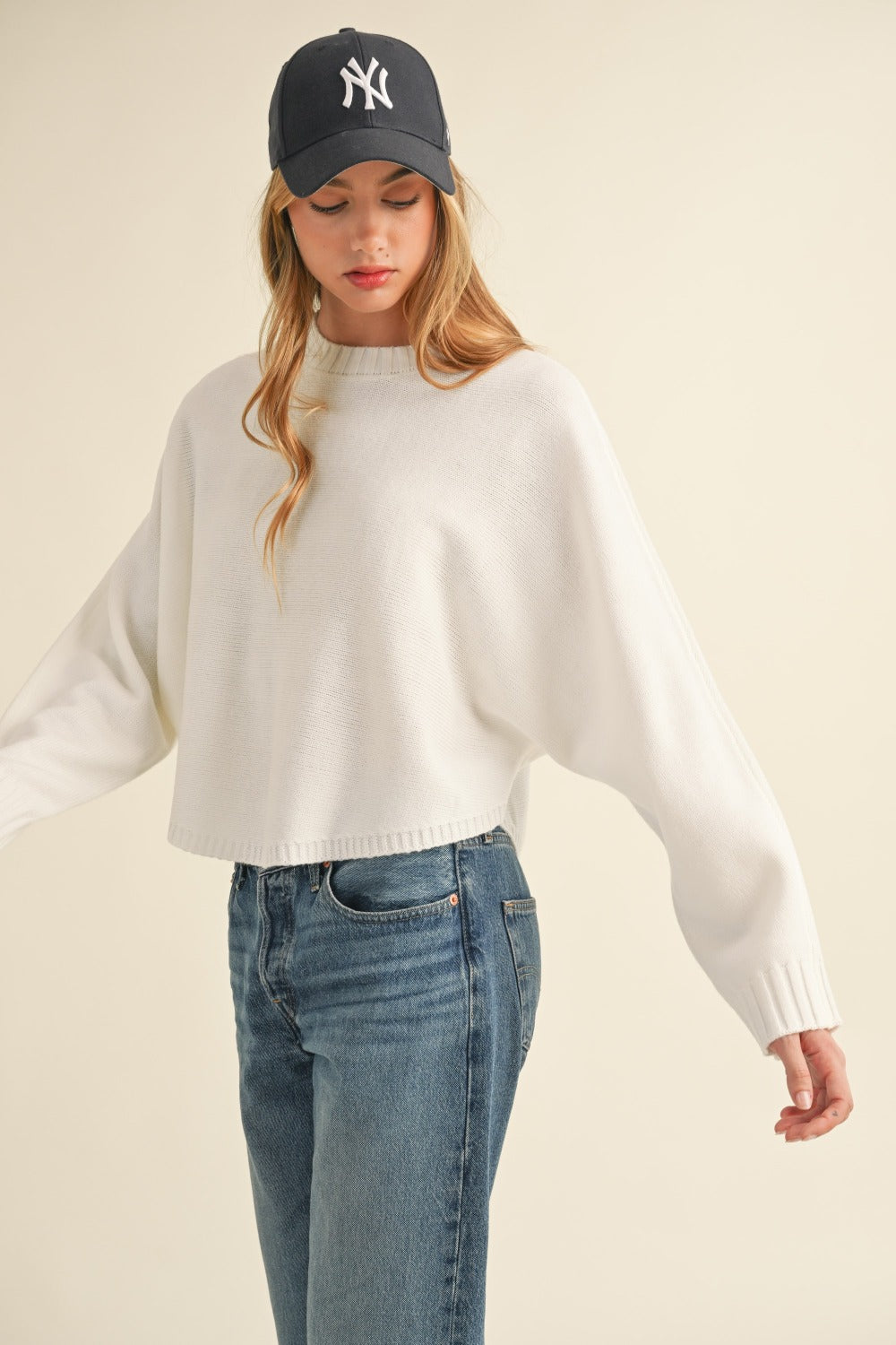 Mable Round Neck Dolman Sleeve Cropped Sweater