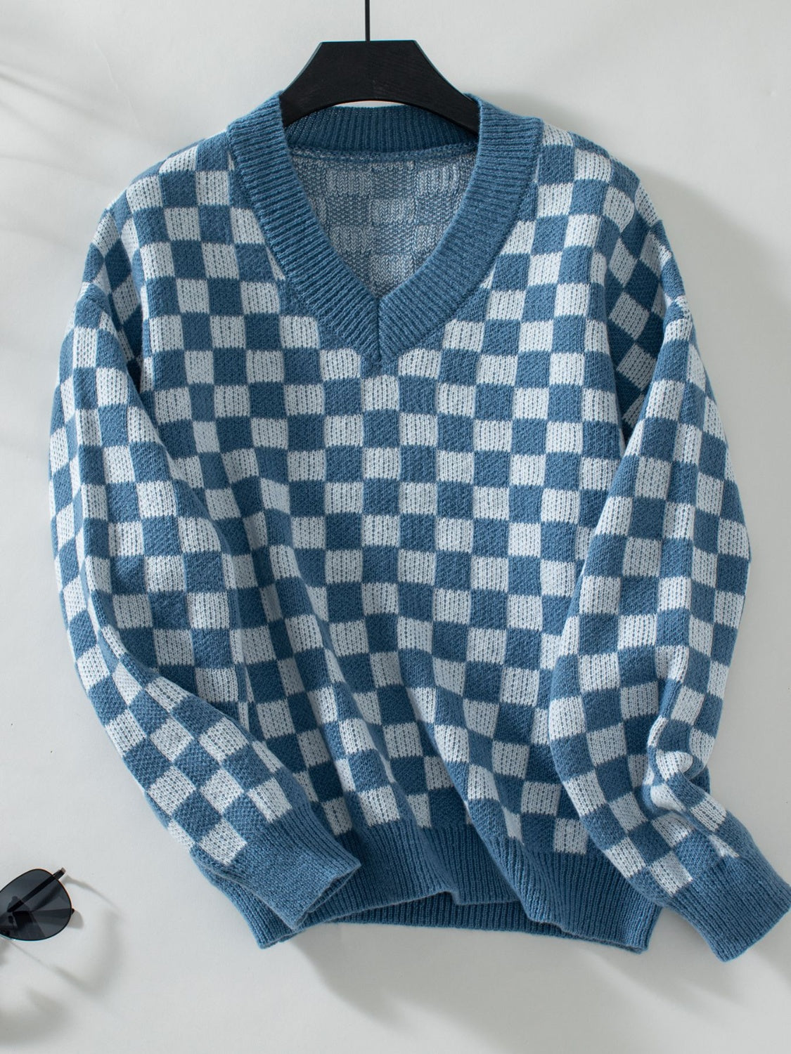 Checkered V-Neck Dropped Shoulder Sweater