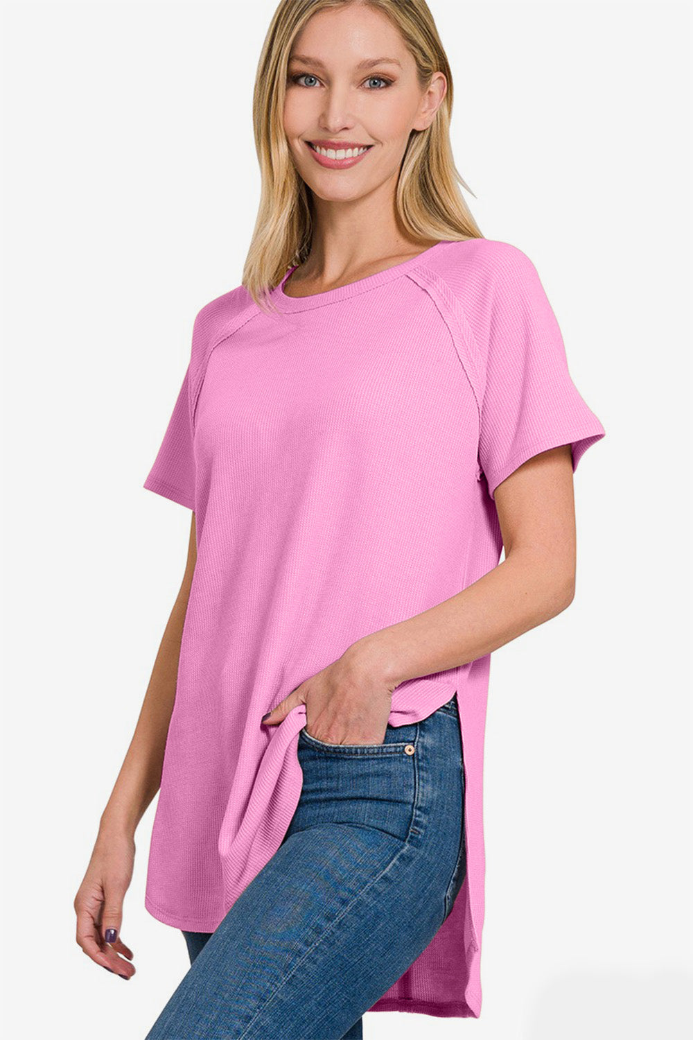 Zenana Slit Round Neck Short Sleeve Waffle Top