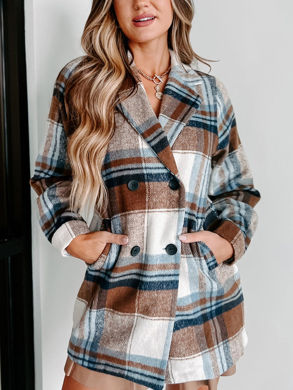 MeiMei Plaid Double-Breasted Long Sleeve Coat