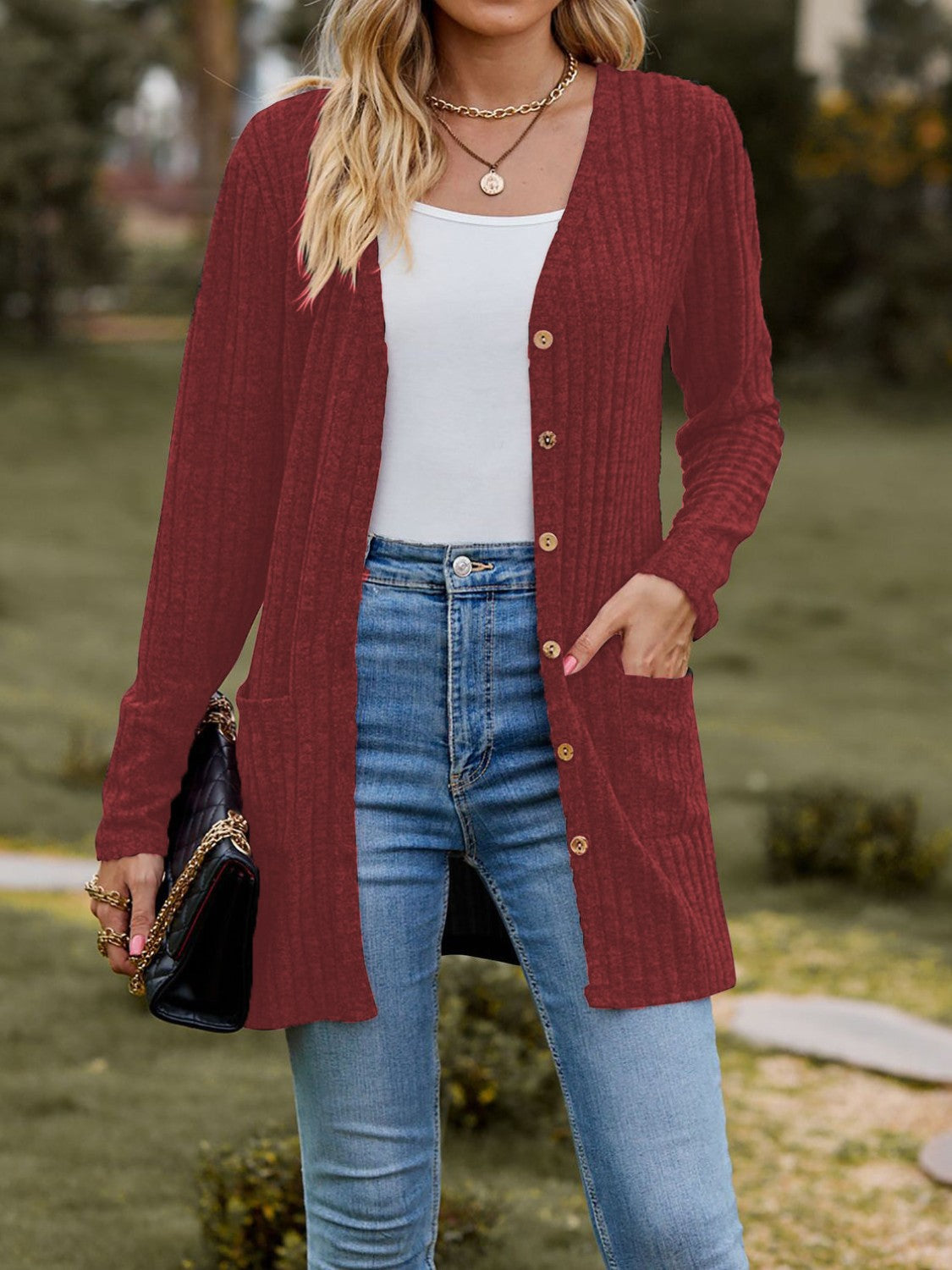 Ribbed Button Up Long Sleeve Cardigan