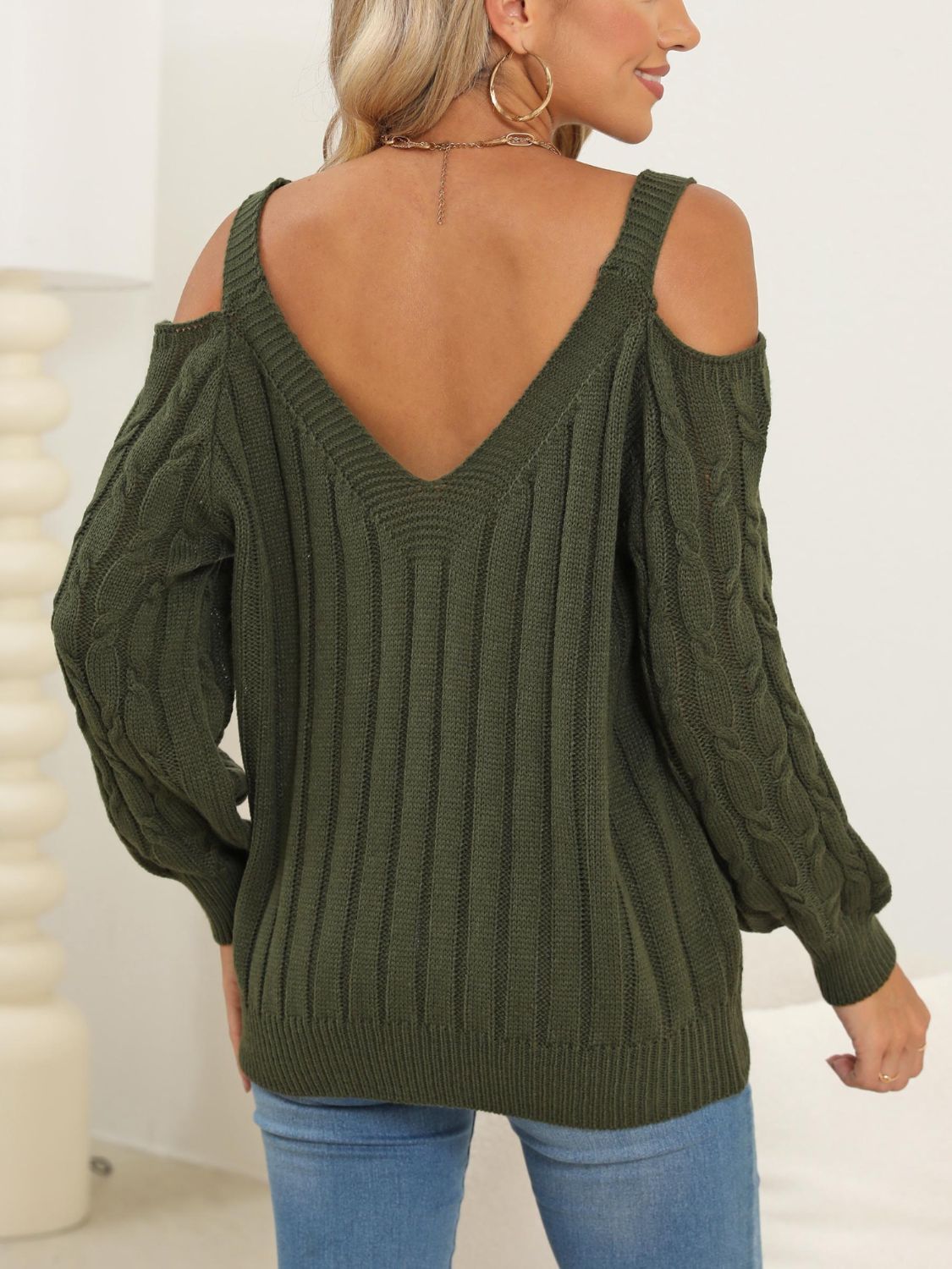 Cable-Knit V-Neck Long Sleeve Sweater