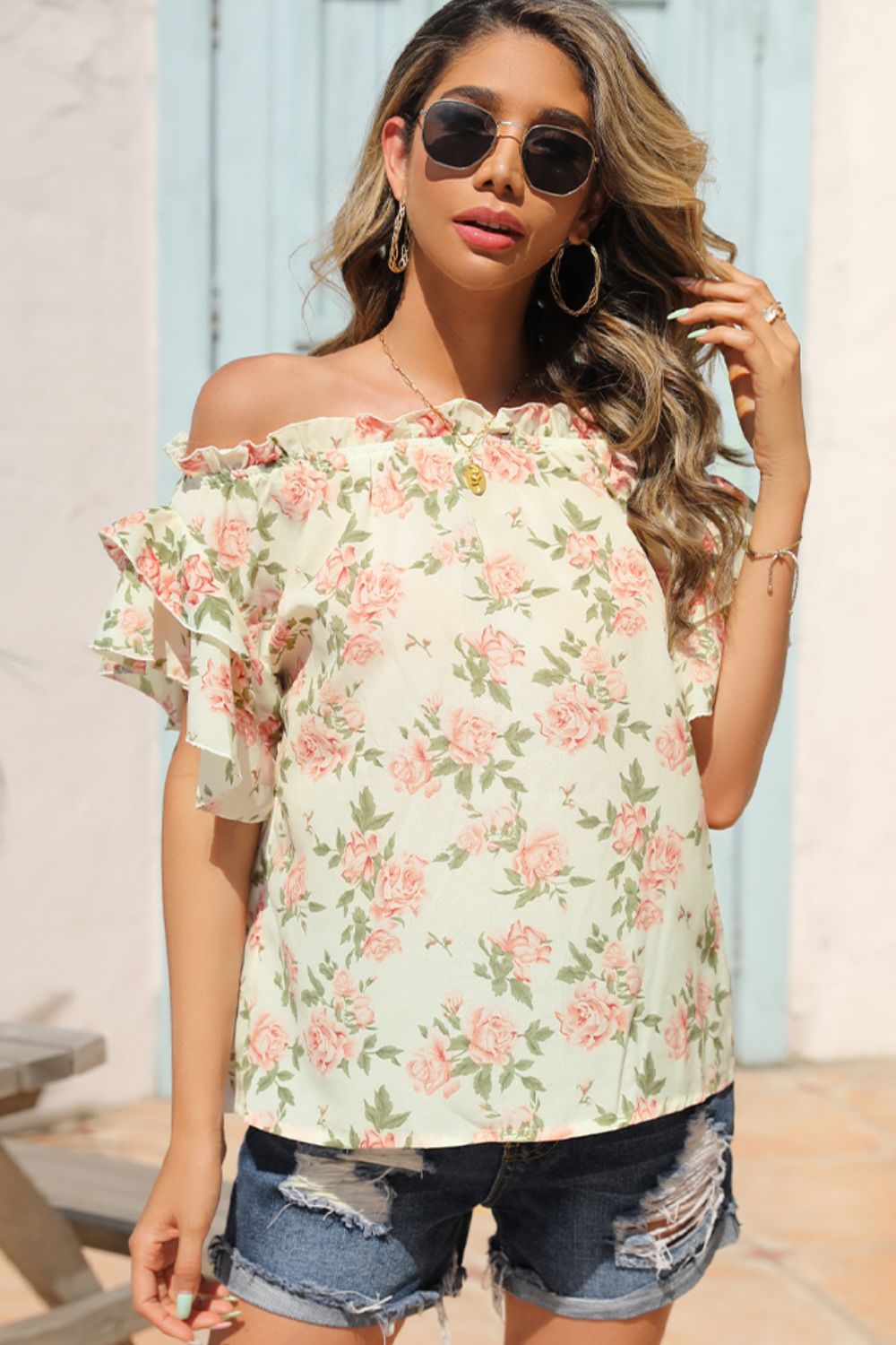 Shiny Floral Frill Trim Off-Shoulder Blouse