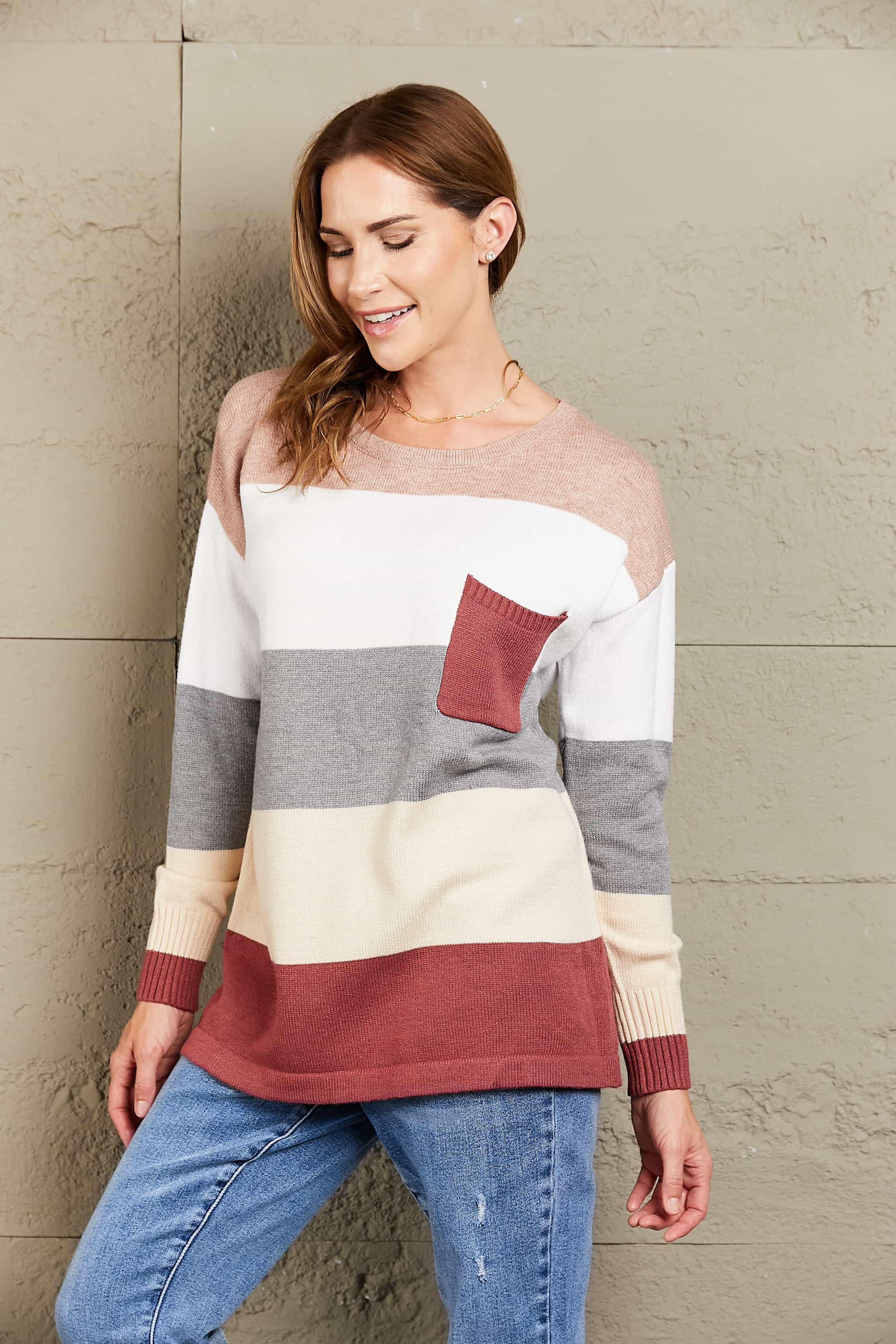 Woven Right Color Block Drop Shoulder Round Neck Sweater