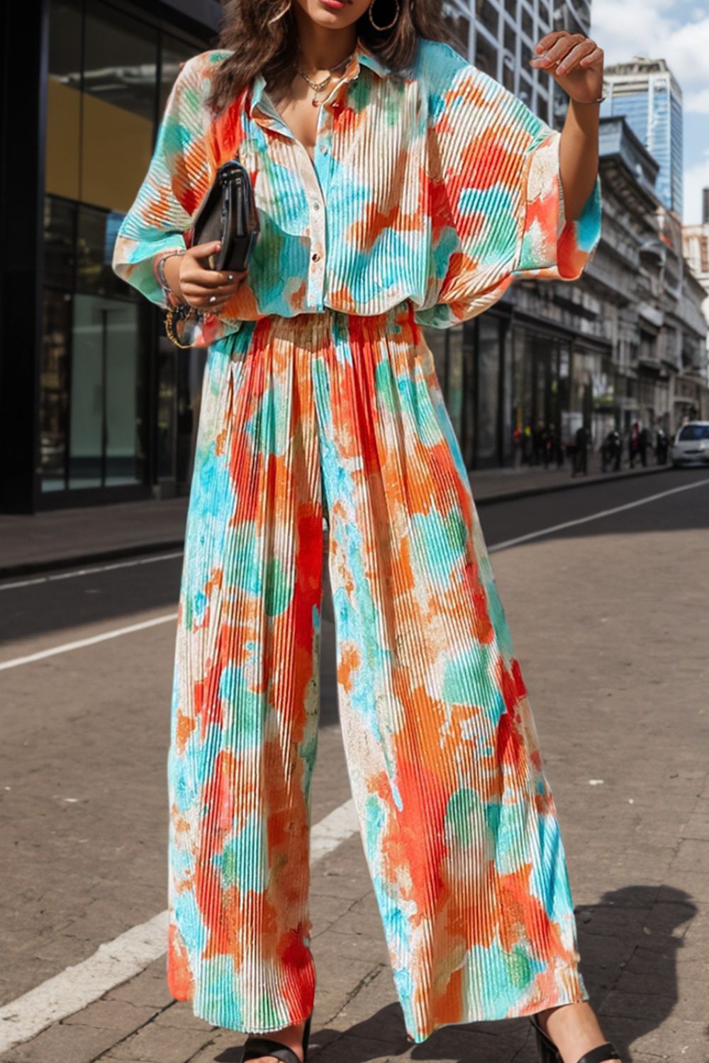 MeiMei Tie-Dye Half Button Collared Neck Jumpsuit