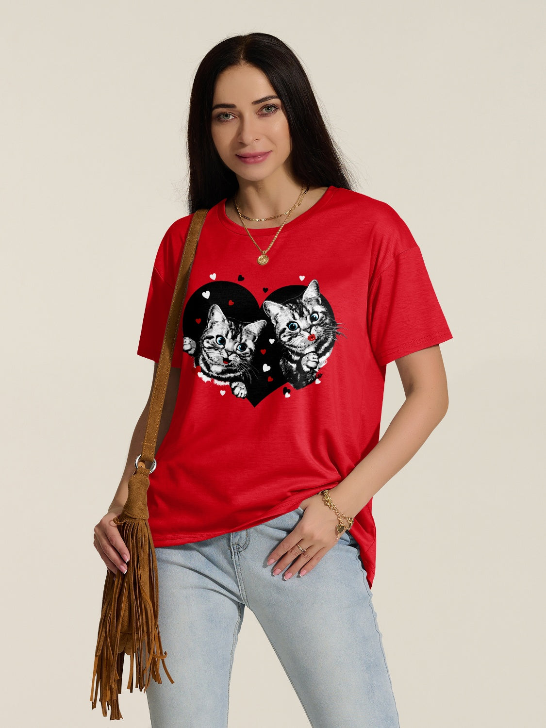 FAM-FAM Cat Round Neck Dropped Shoulder T-Shirt