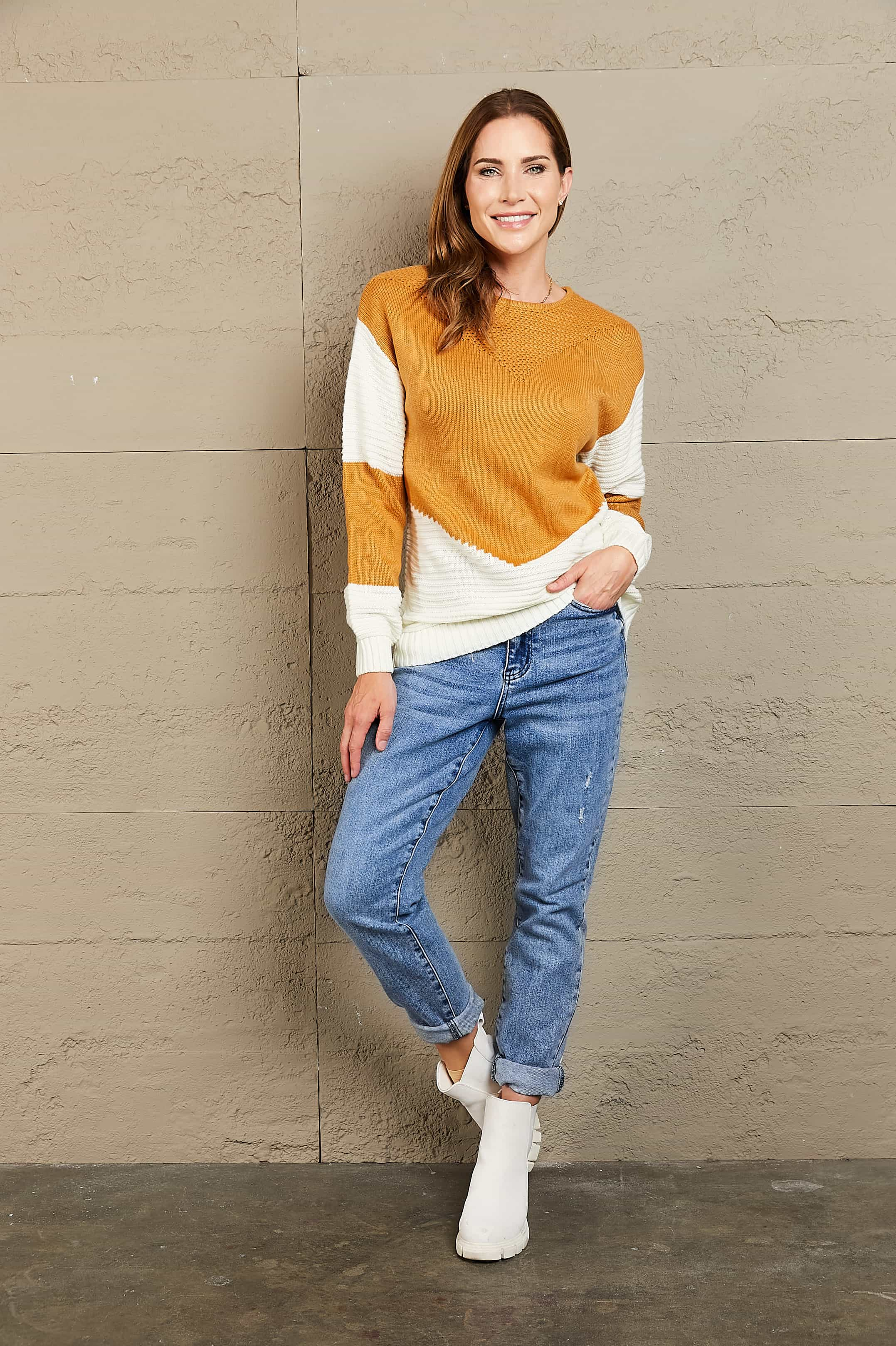 Woven Right Two-Tone Openwork Rib-Knit Sweater