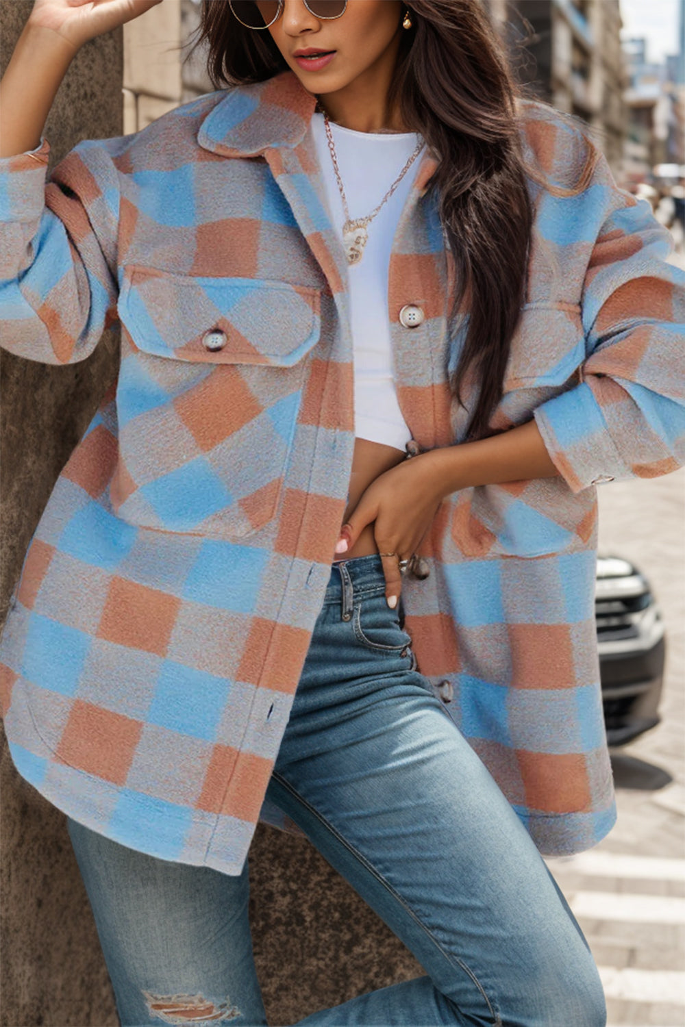 MeiMei Plaid Button Up Dropped Shoulder Jacket