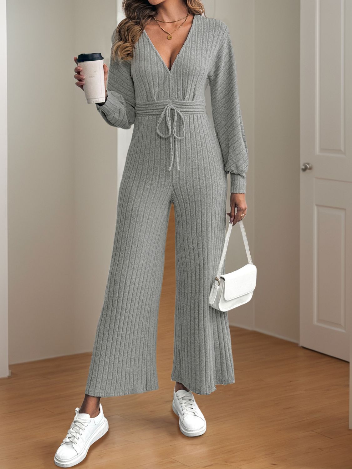 Perfee V-Neck Long Sleeve Wide Leg Jumpsuit