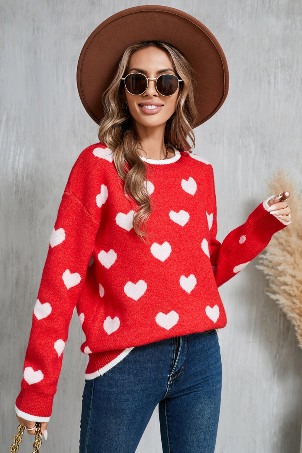 Angel Wings Contrast Trim Heart Round Neck Sweater