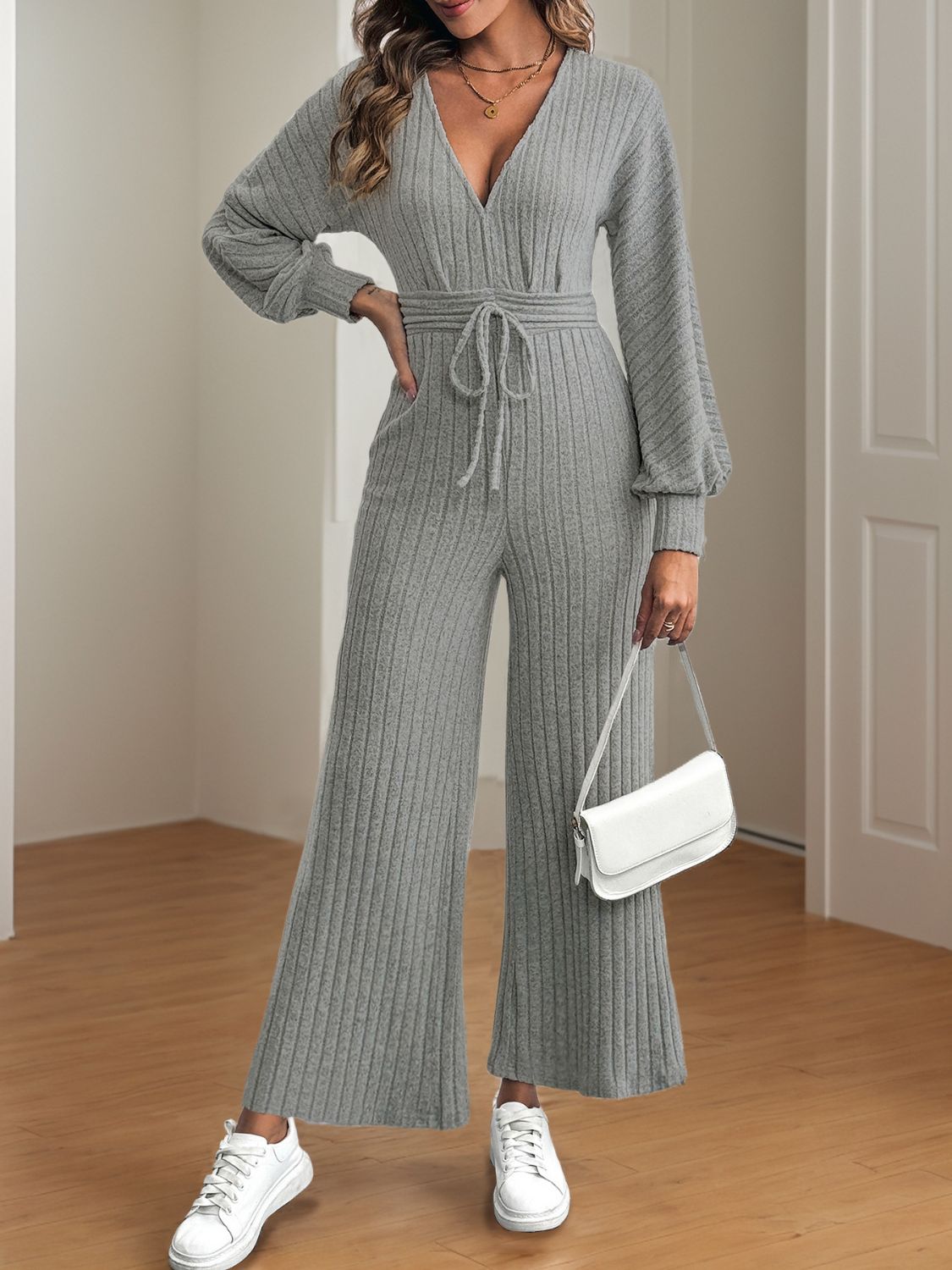 Perfee V-Neck Long Sleeve Wide Leg Jumpsuit