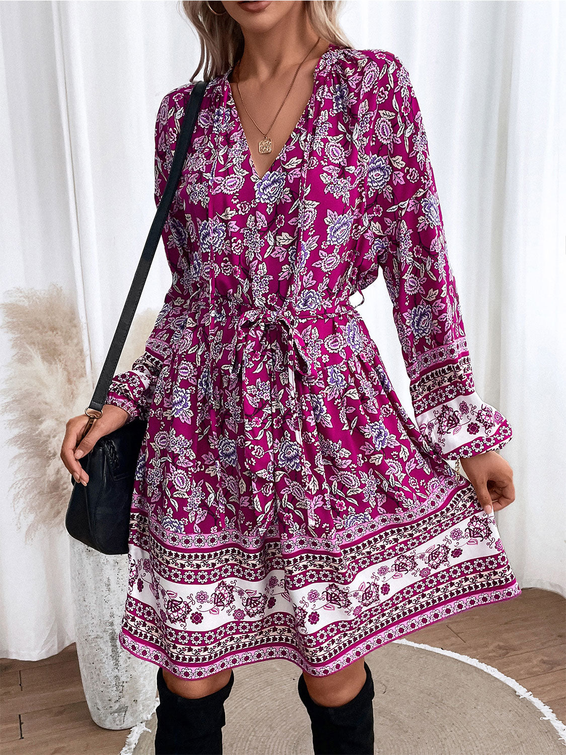 Honey Floral Tie Neck Balloon Sleeve Dress