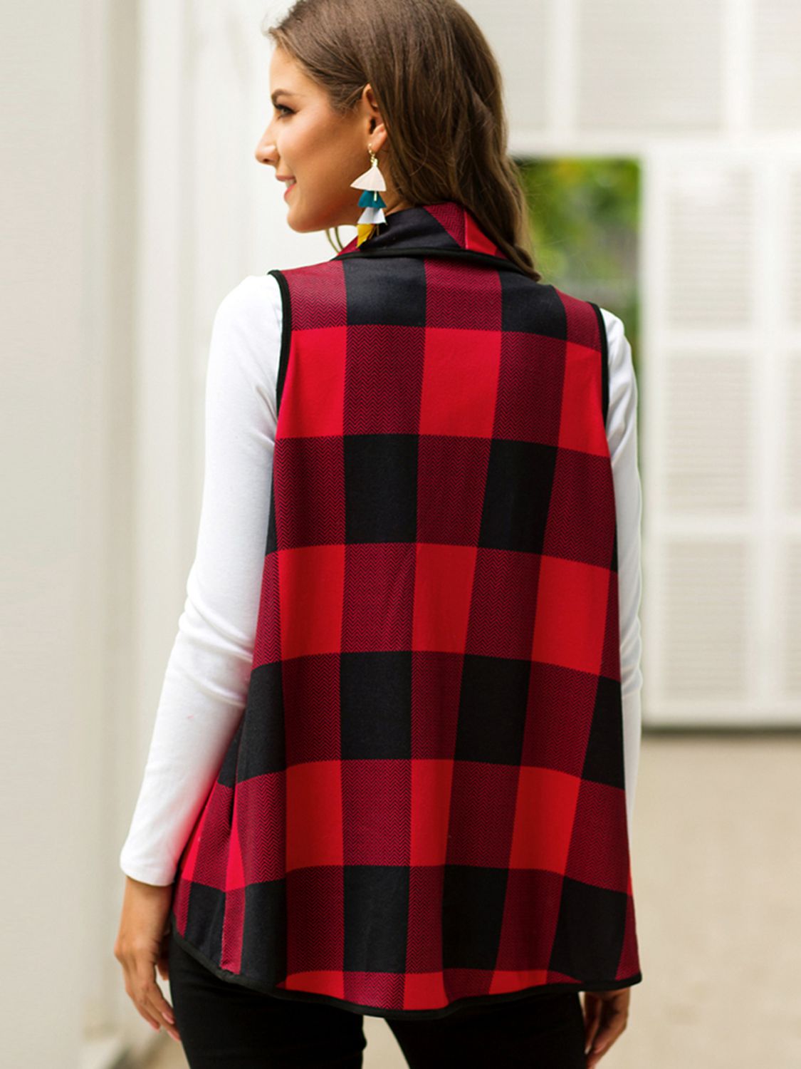 Shiny Plaid Open Front Sleeveless Cardigan