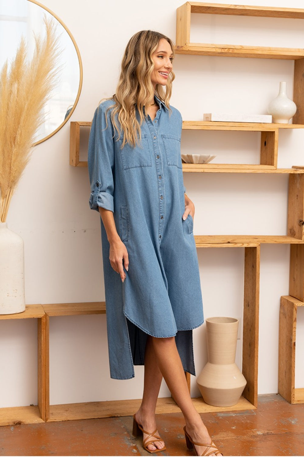 Sew In Love High-Low Button Up Roll-Tab Sleeve Denim Dress