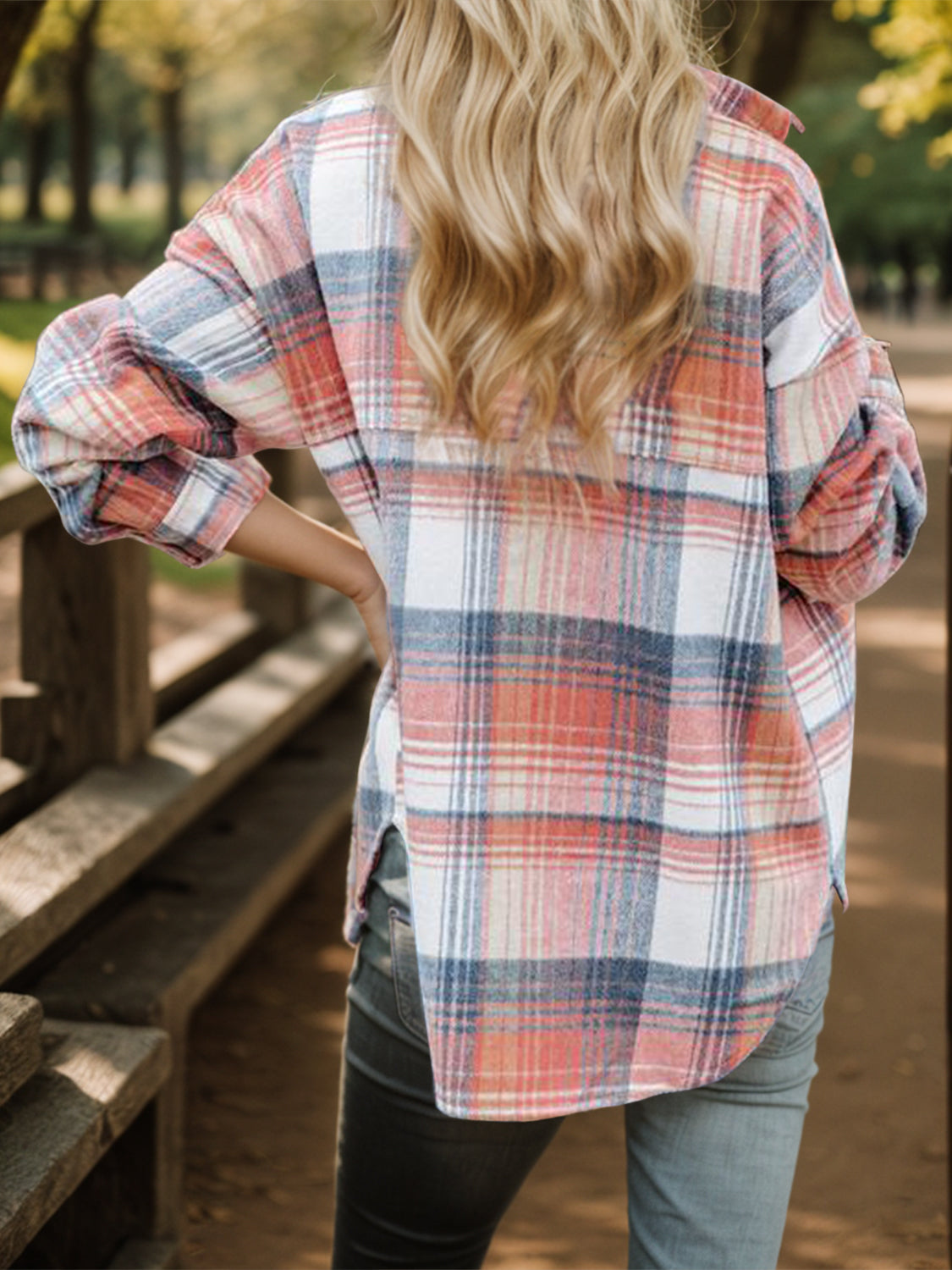 MeiMei Plaid Button Up Dropped Shoulder Shirt