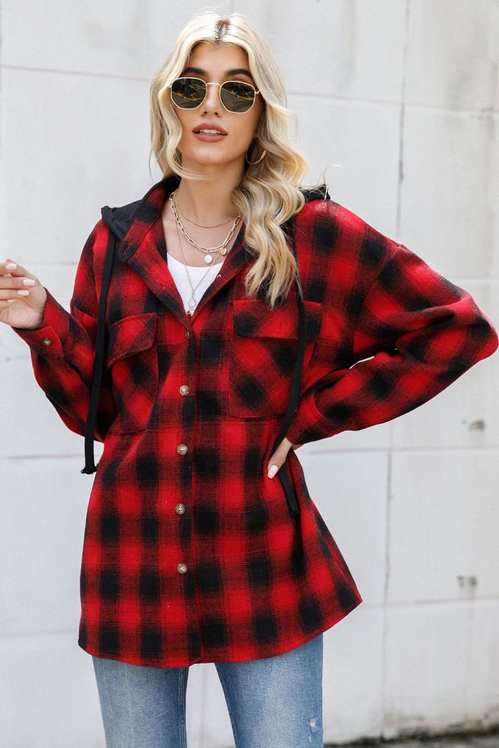 Double Take Drawstring Plaid Long Sleeve Hooded Shacket