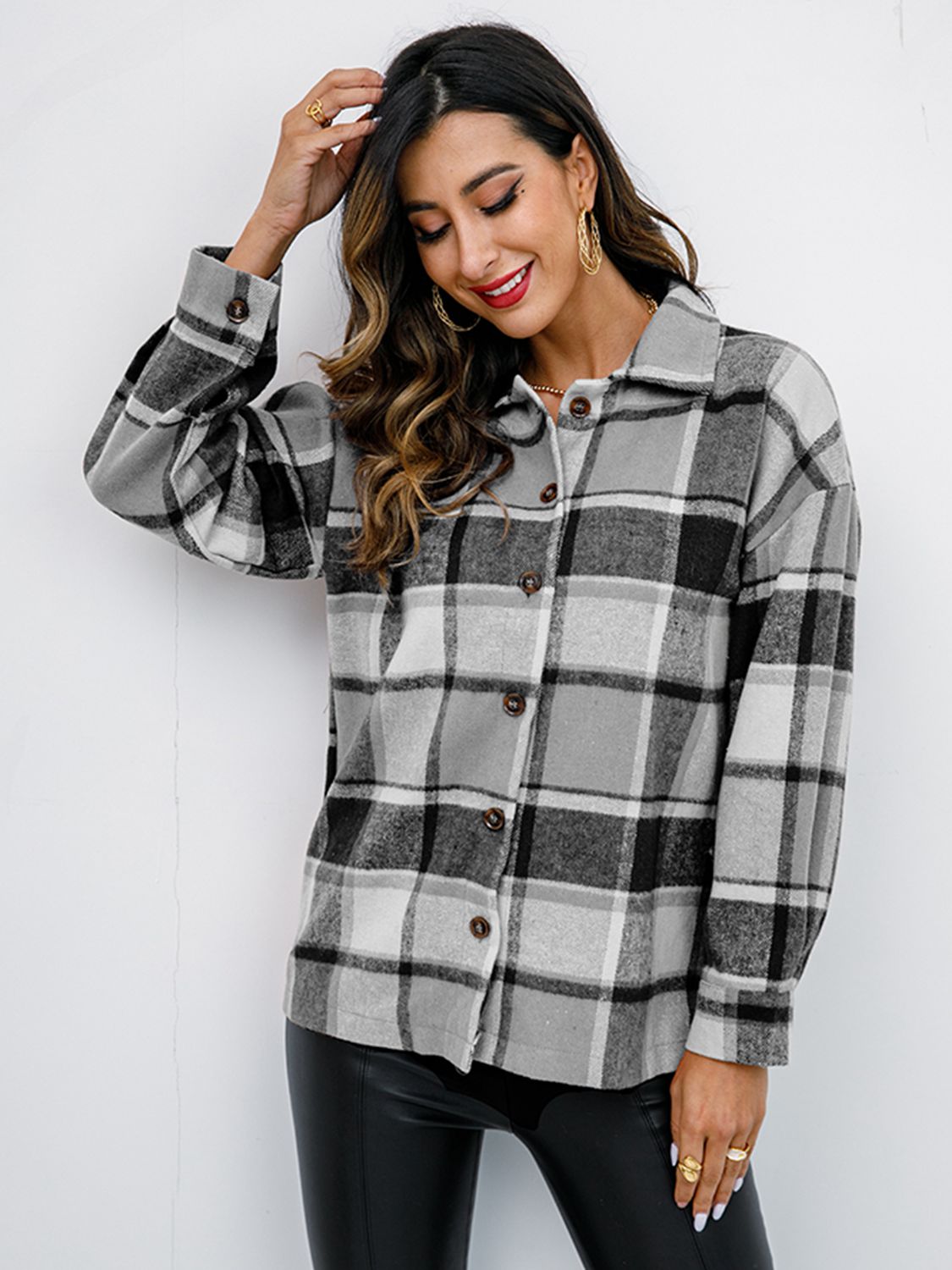 Shiny Plaid Button Up Collared Neck Jacket