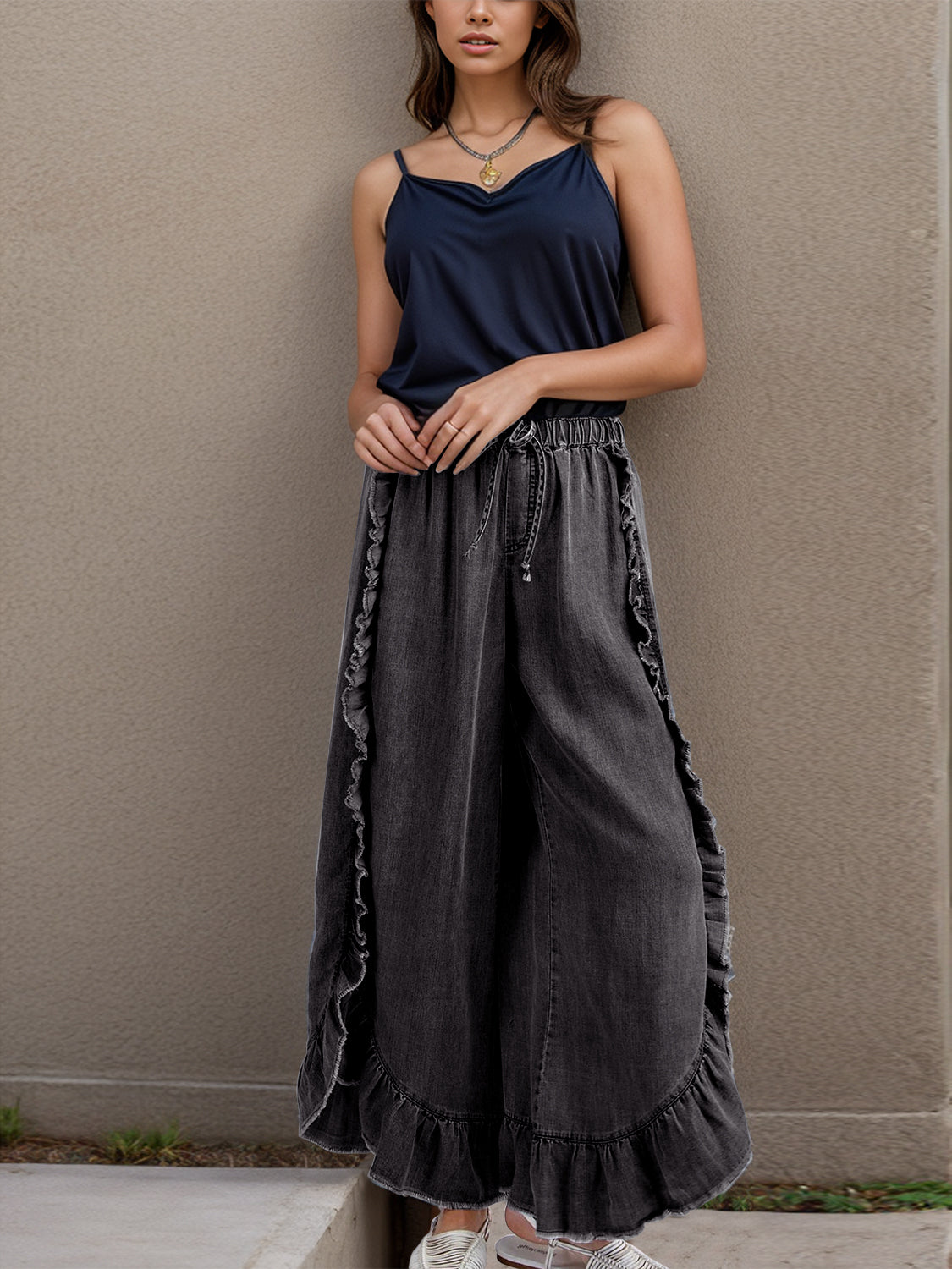 MeiMei Drawstring Ruffled Wide Leg Jeans