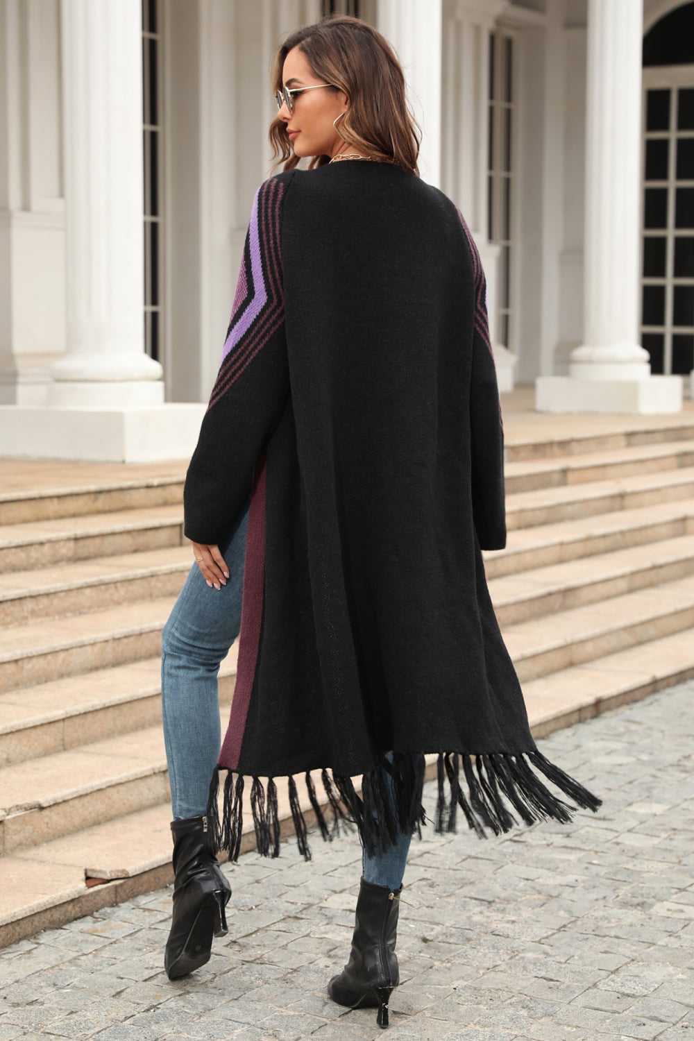 Angel Wings Geometric Fringe Hem Open Front Duster Cardigan