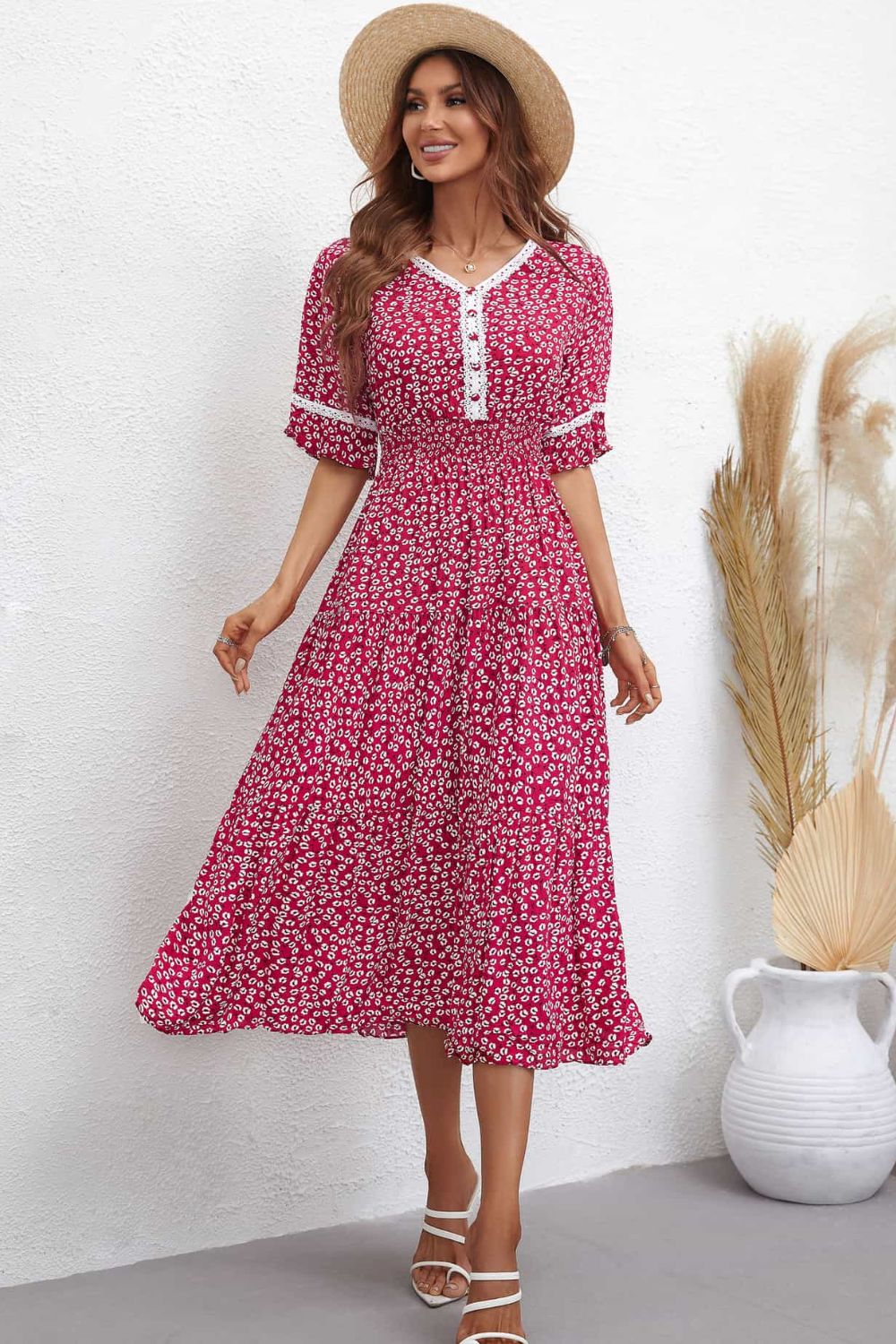 Honey Floral V-Neck Smocked Waist Midi Dress