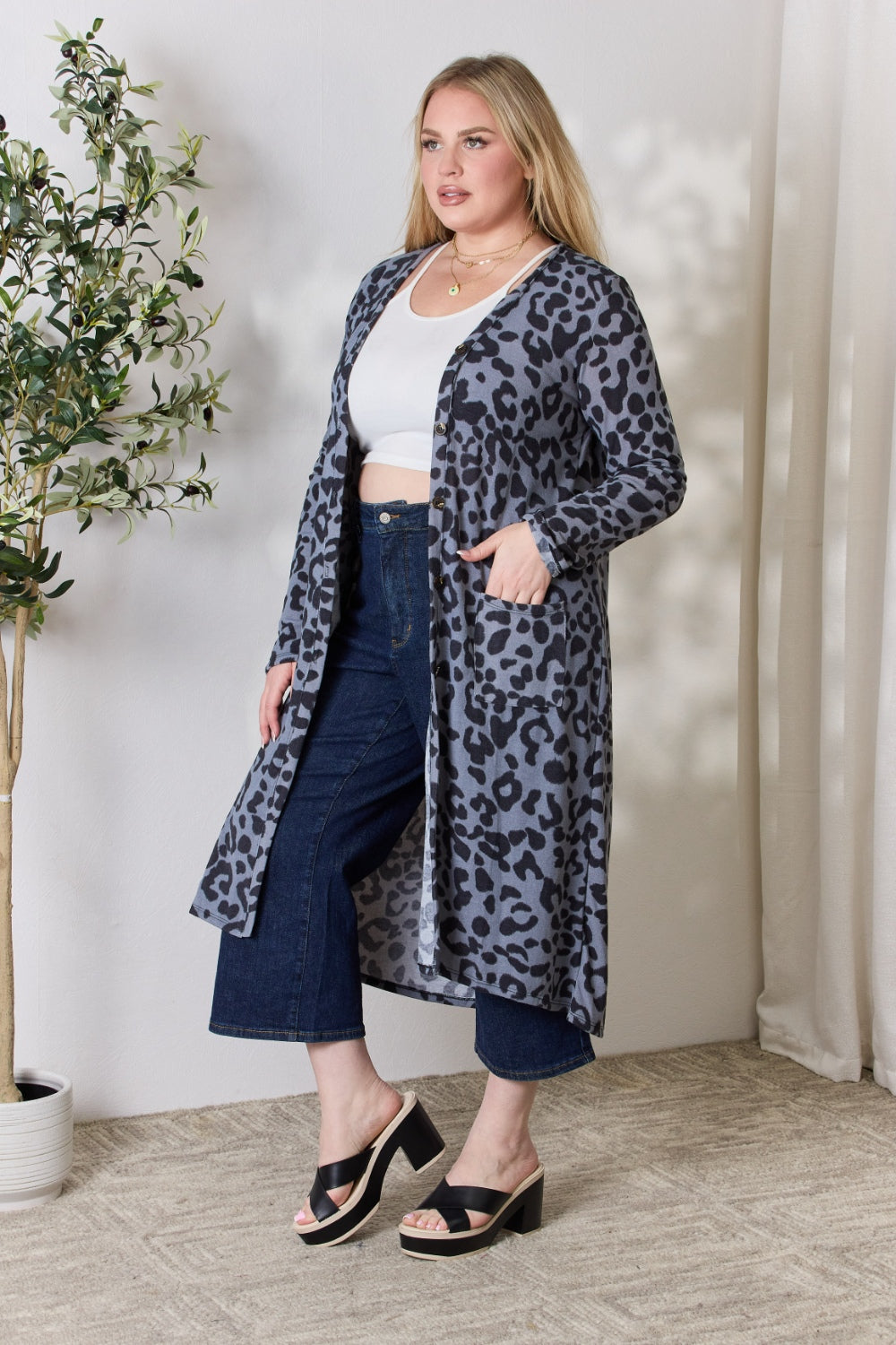 Celeste Full Size Button Up Animal Print Cardigan