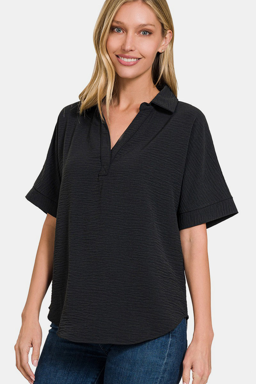 Zenana Full Size Texture Collared Neck Short Sleeve Top